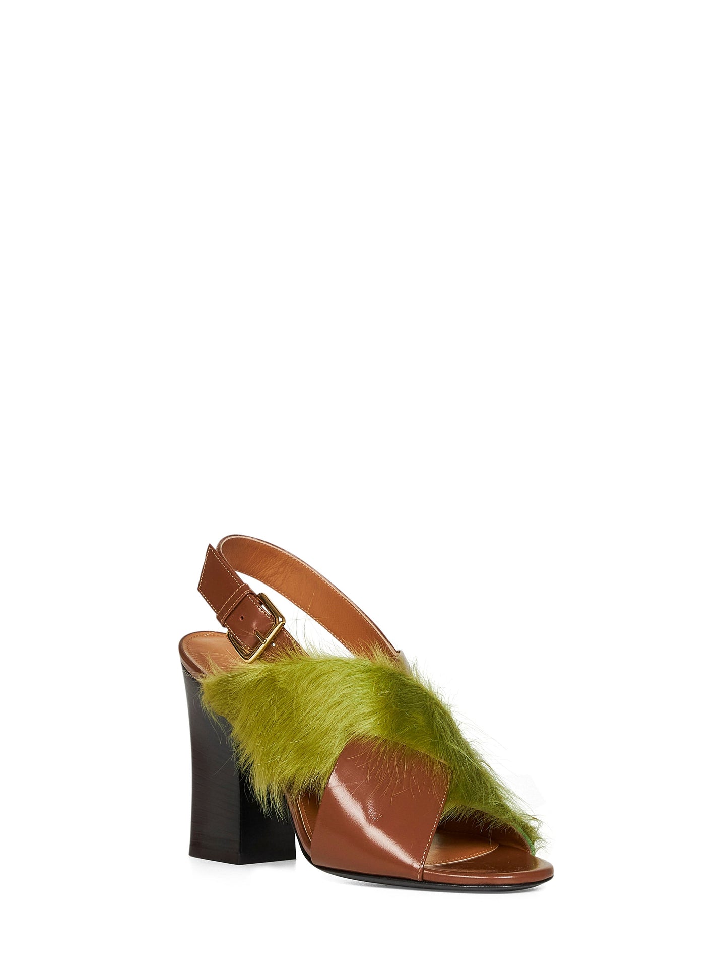 Marni Women Brown Leather And Green Long-Hair Sandals MARNI