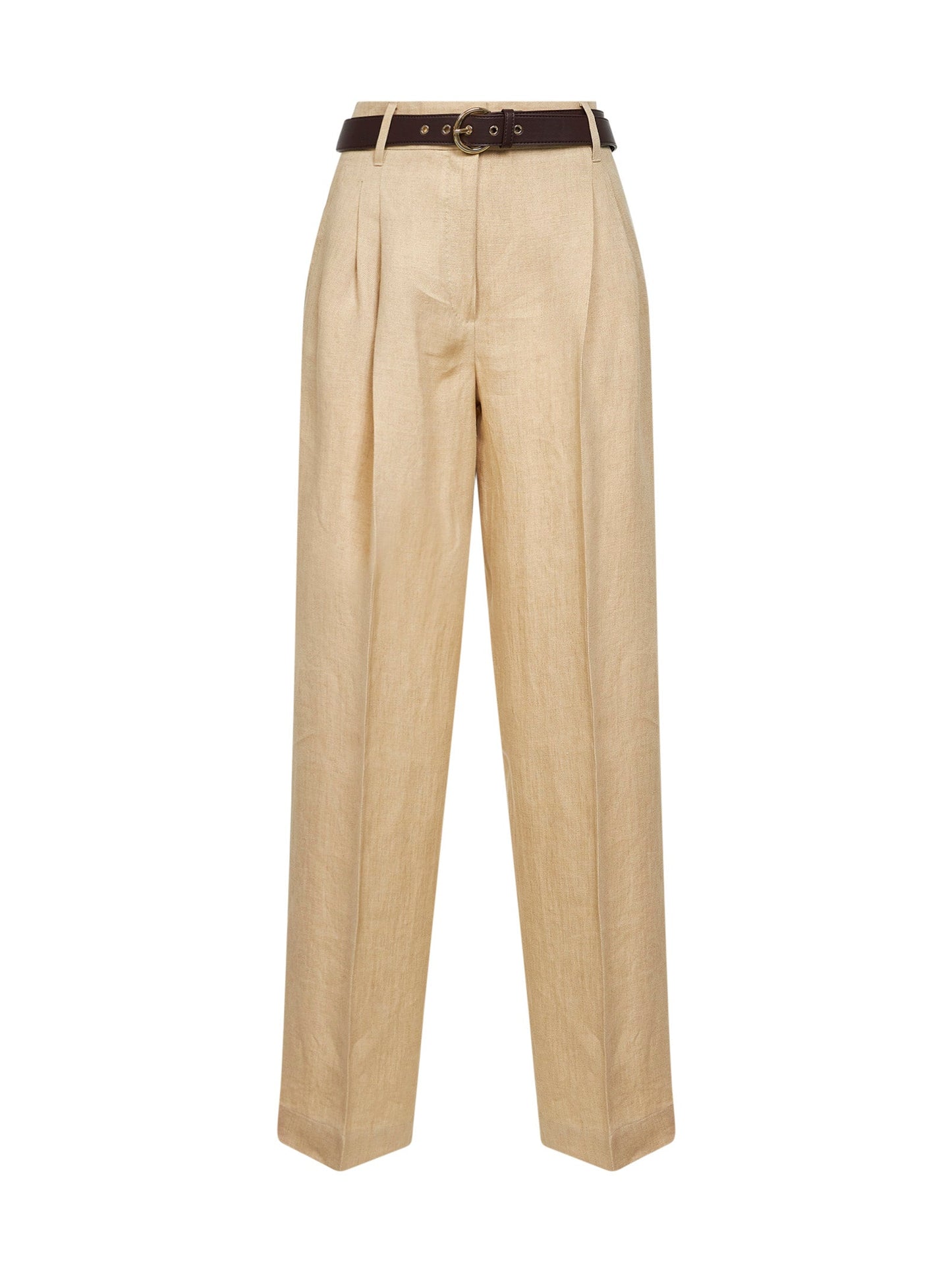 Max Mara Studio Women Beige Faded Linen Twill Mstsumero Belted Wide-Leg Trousers MAX MARA STUDIO
