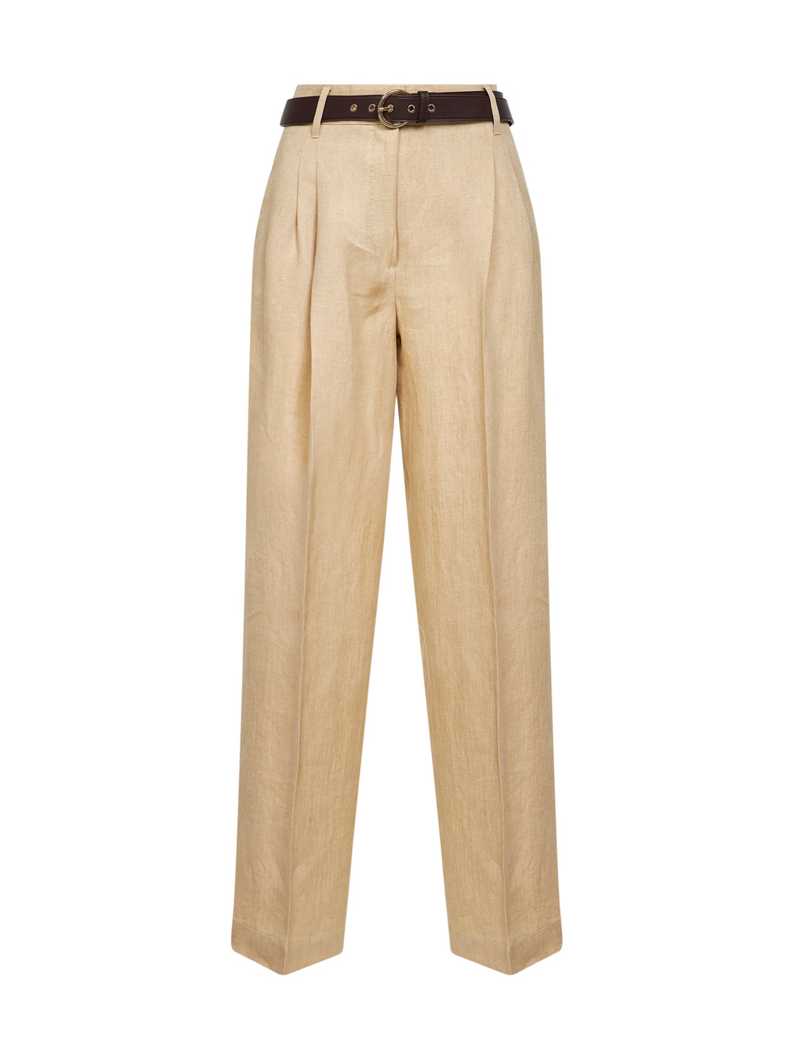 Max Mara Studio Women Beige Faded Linen Twill Mstsumero Belted Wide-Leg Trousers MAX MARA STUDIO
