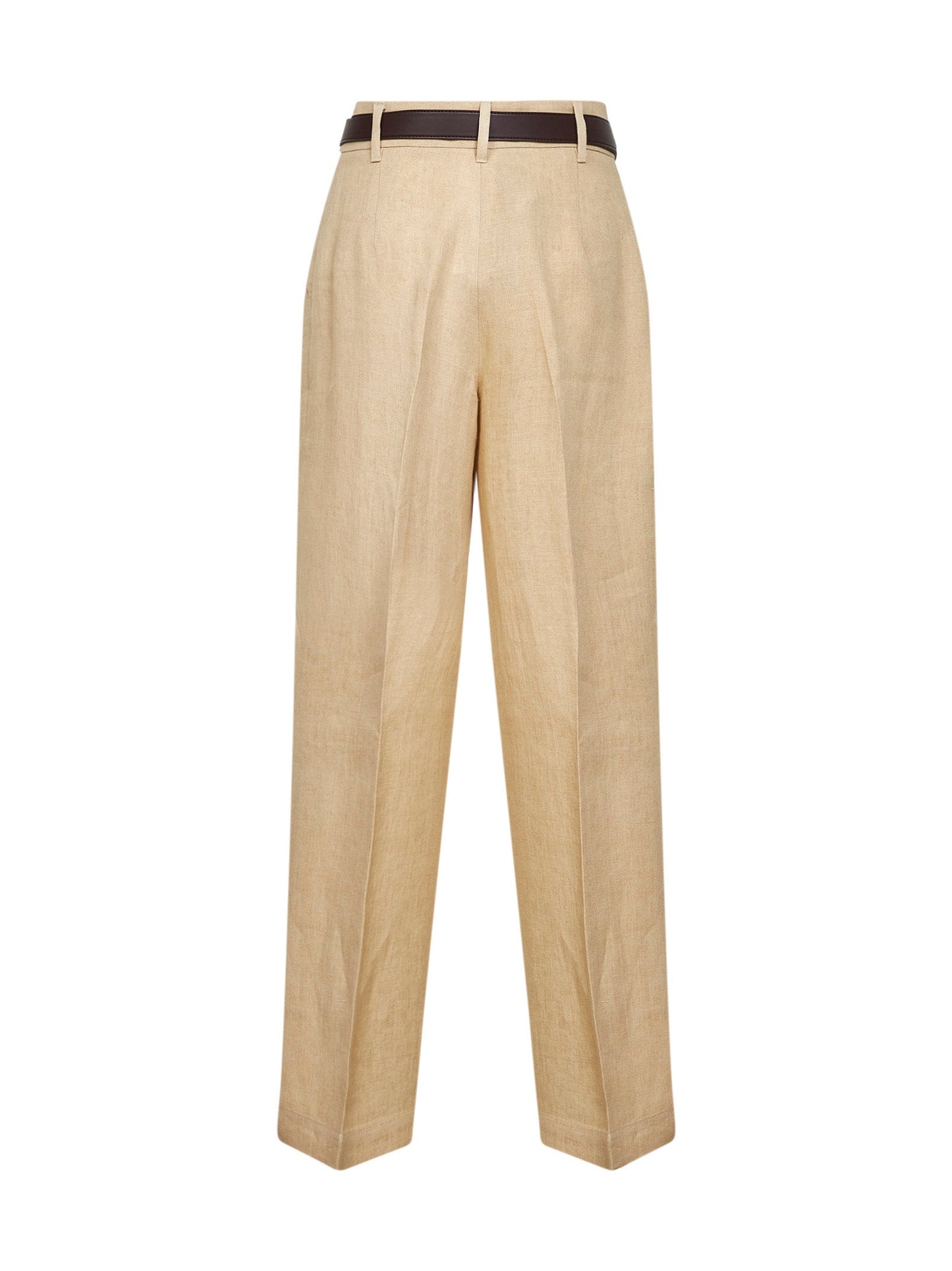 Max Mara Studio Women Beige Faded Linen Twill Mstsumero Belted Wide-Leg Trousers MAX MARA STUDIO