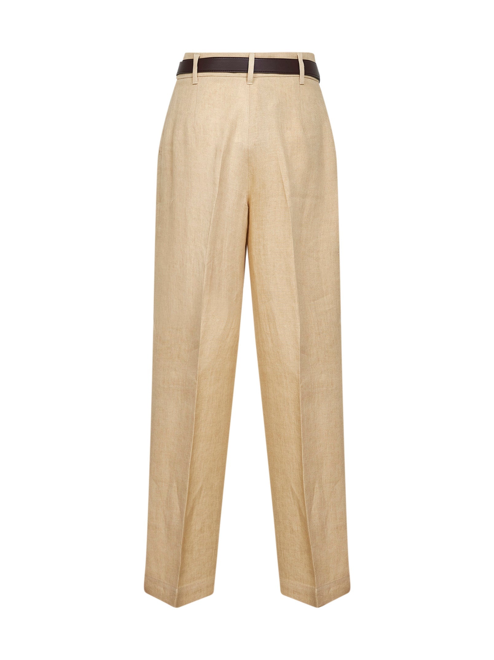 Max Mara Studio Women Beige Faded Linen Twill Mstsumero Belted Wide-Leg Trousers MAX MARA STUDIO