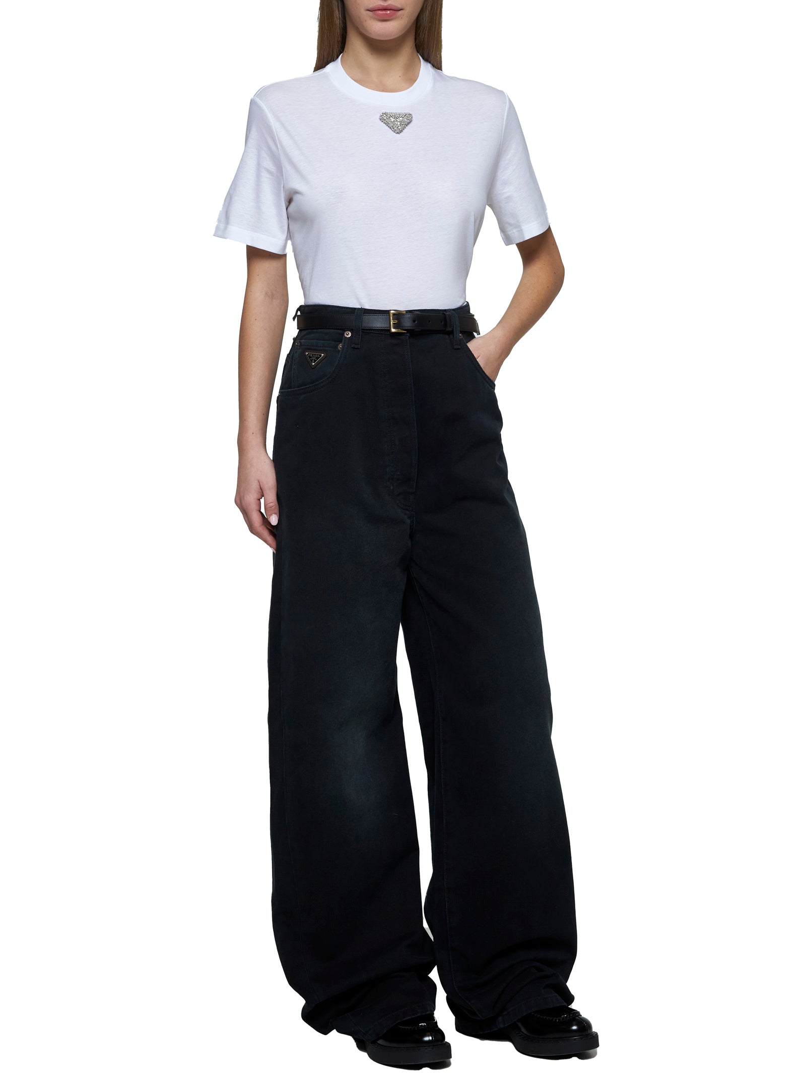 Prada Abbigliamento Women Rhinestones Plaque Cotton T-Shirt PRADA