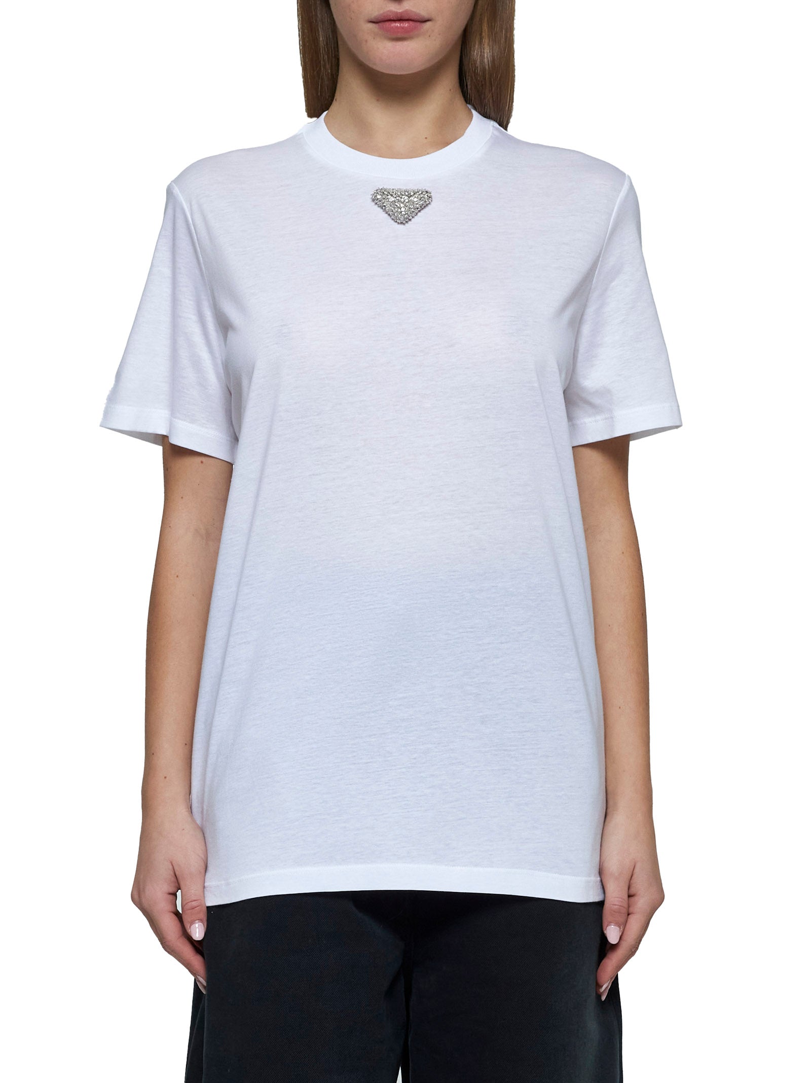 Prada Abbigliamento Women Rhinestones Plaque Cotton T-Shirt PRADA