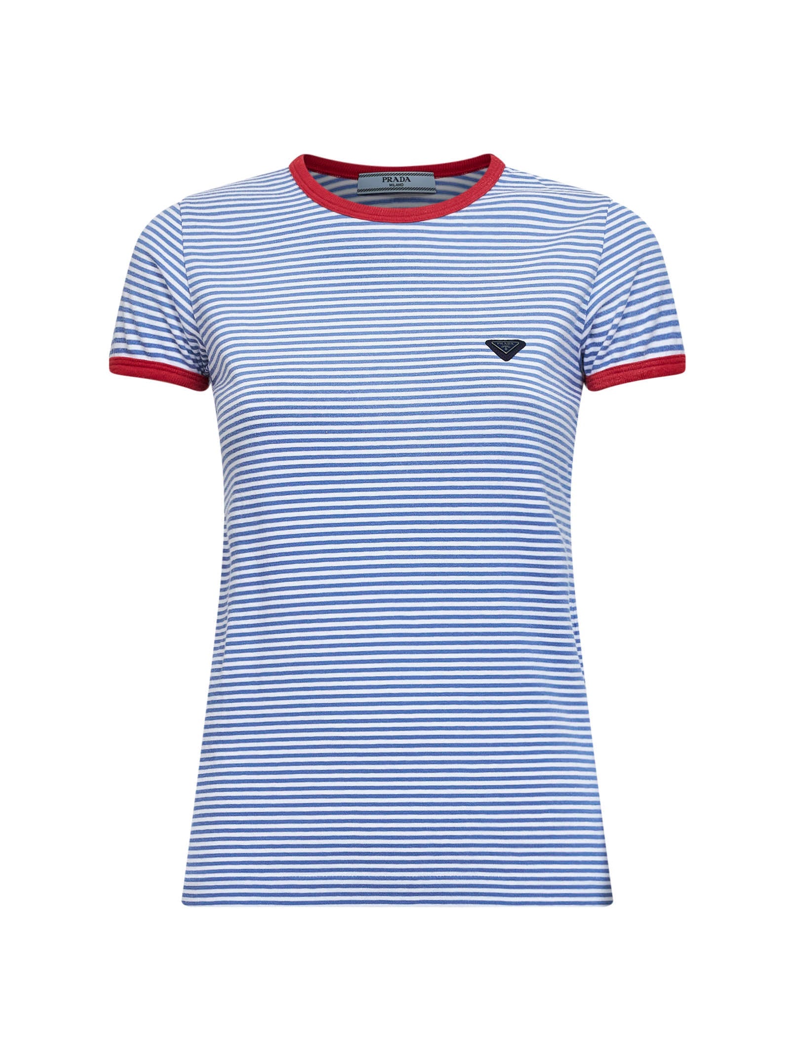 Prada Abbigliamento Women Periwinkle Blue And Red Striped Cotton T-Shirt PRADA