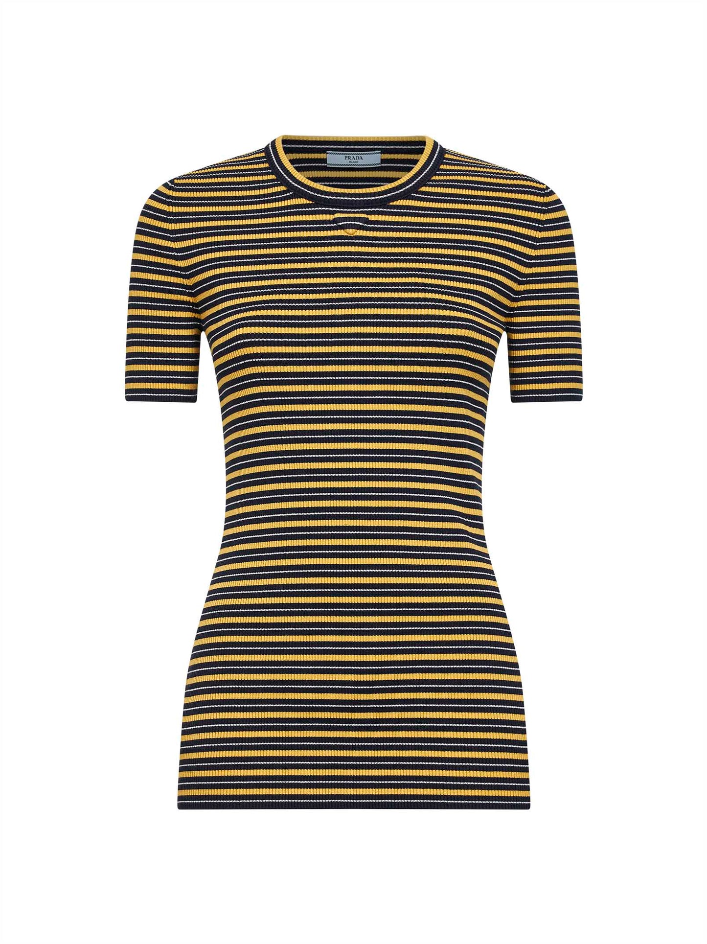 Prada Abbigliamento Women Navy And Yellow Striped Ribbed Stretch Cotton Knit Sweater PRADA