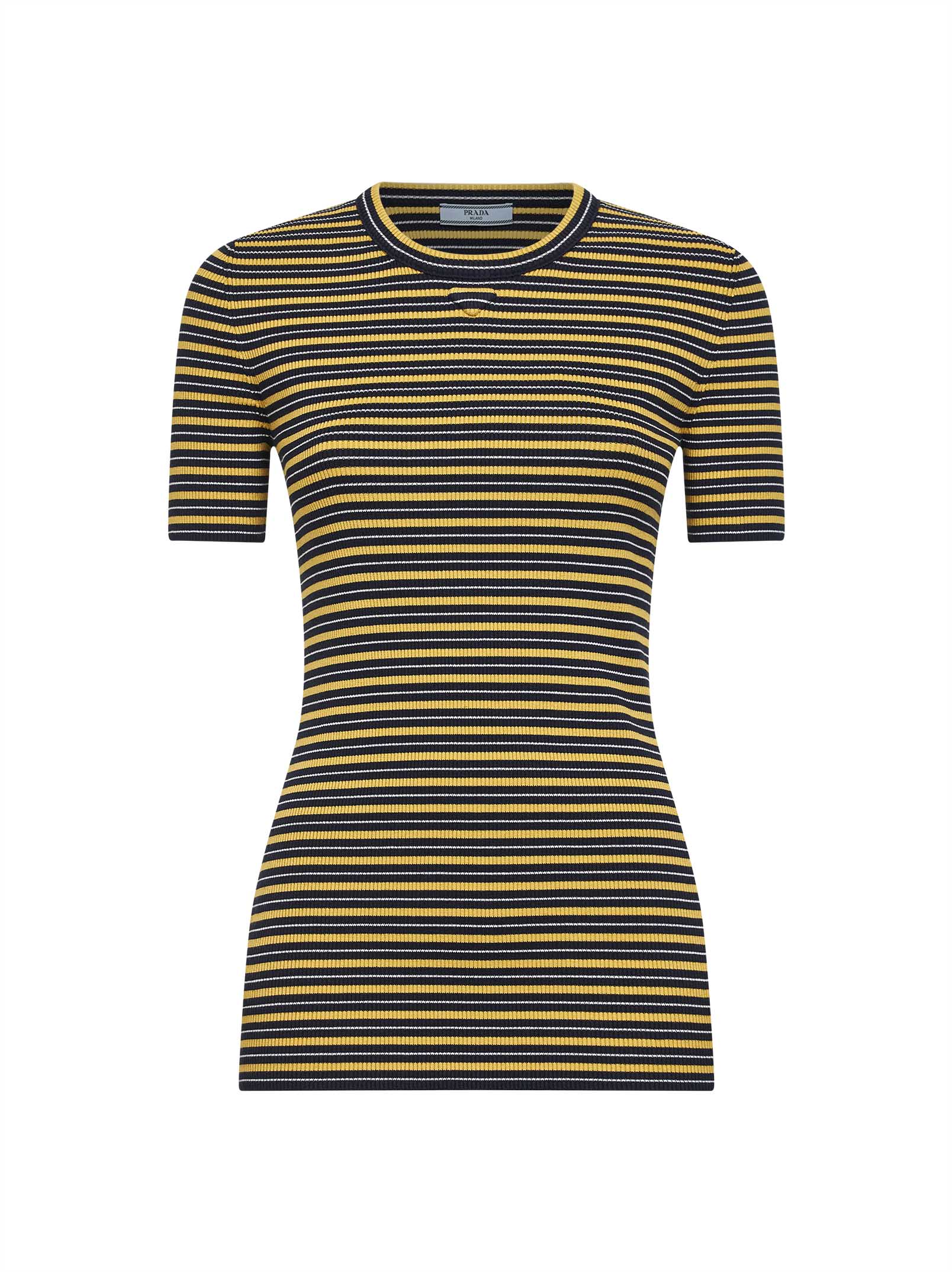 Prada Abbigliamento Women Navy And Yellow Striped Ribbed Stretch Cotton Knit Sweater PRADA