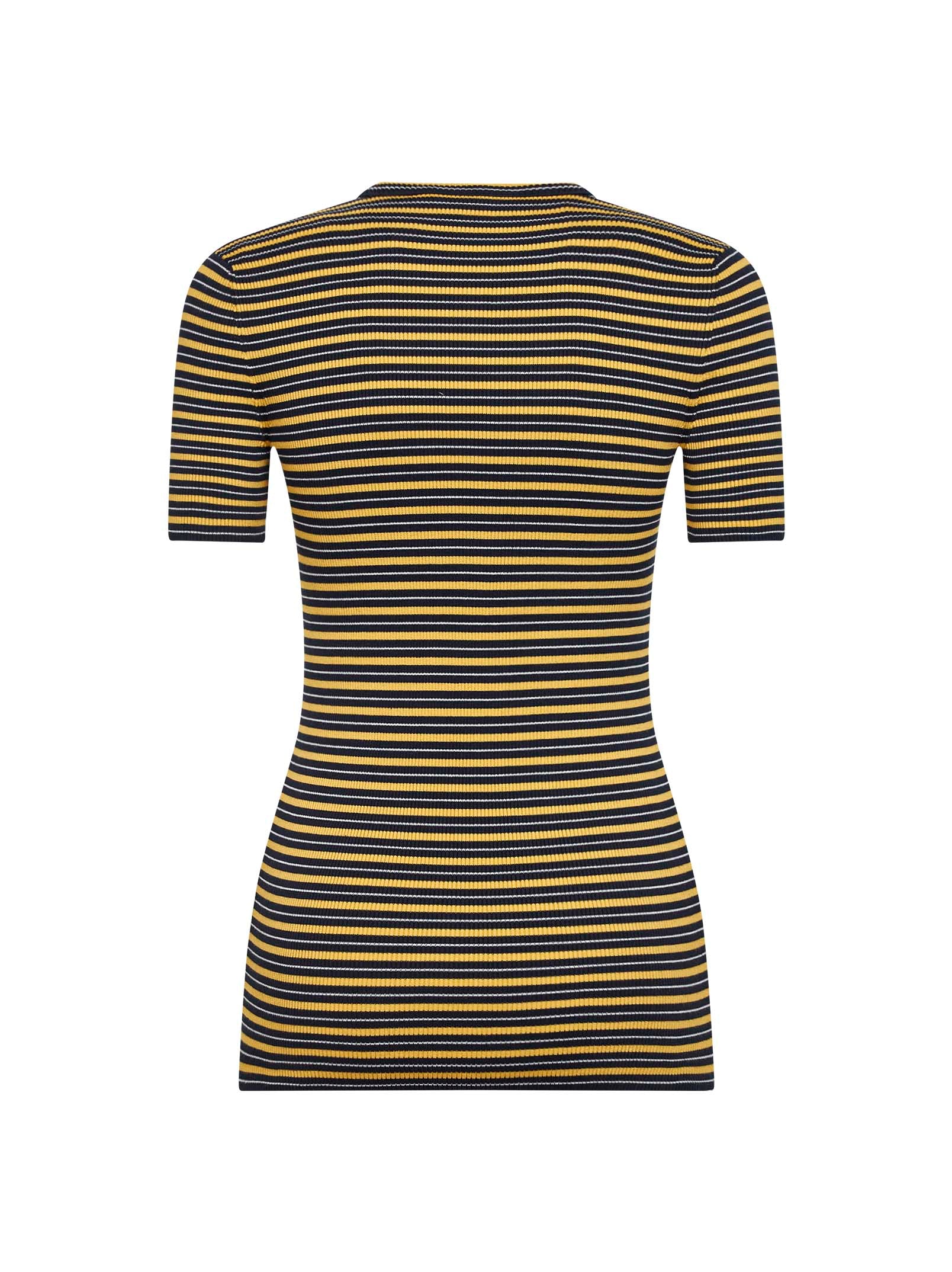 Prada Abbigliamento Women Navy And Yellow Striped Ribbed Stretch Cotton Knit Sweater PRADA