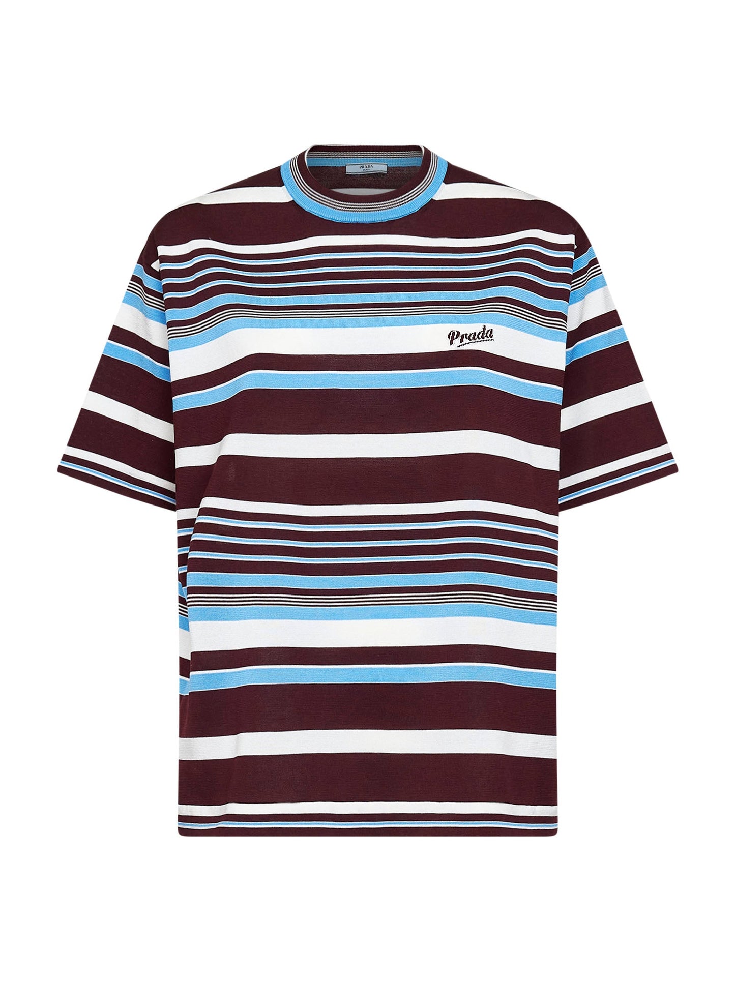 Prada Abbigliamento Women Amaranth And Light Blue Striped Cotton Knit Sweater PRADA