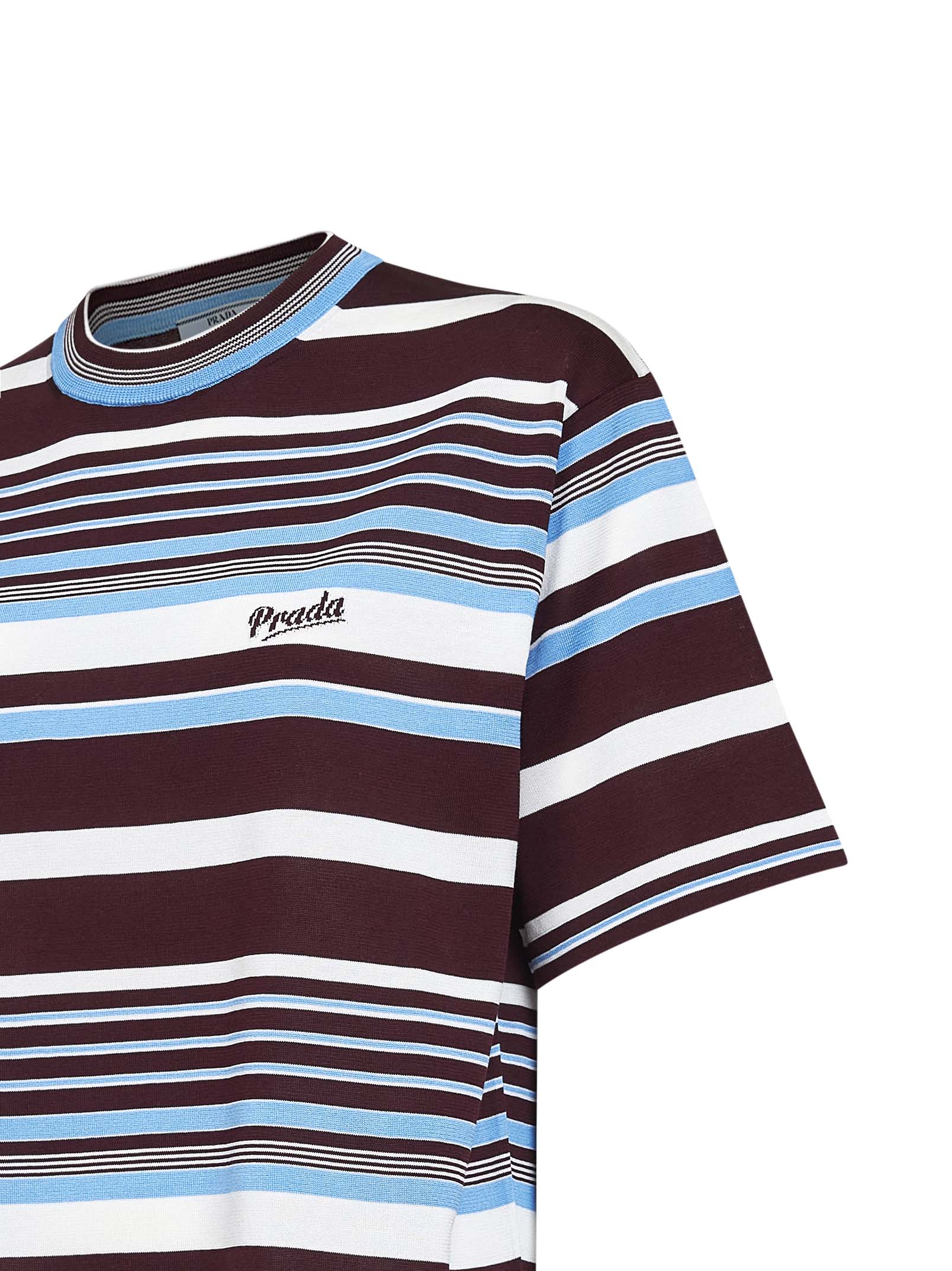 Prada Abbigliamento Women Amaranth And Light Blue Striped Cotton Knit Sweater PRADA