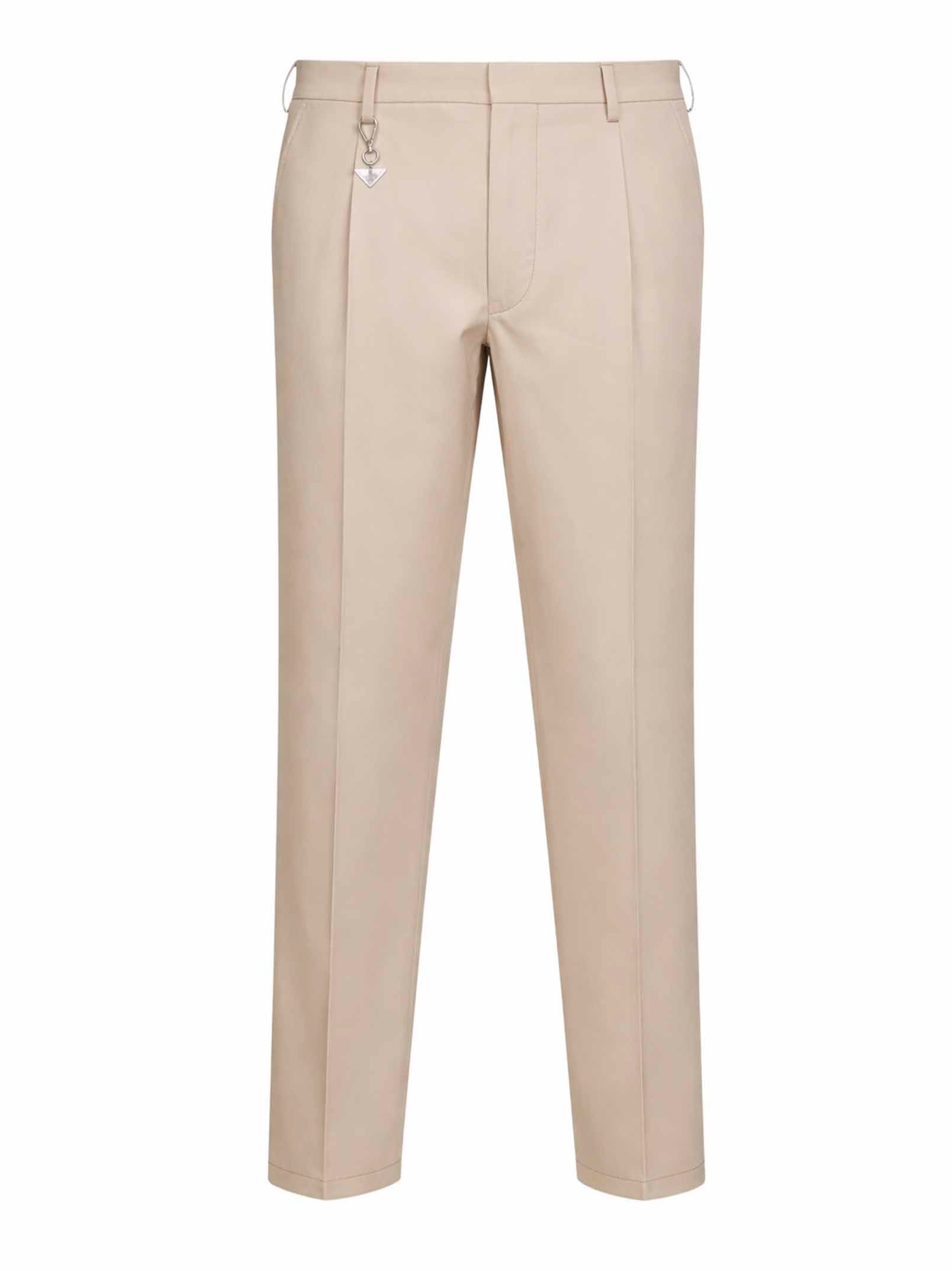 Prada Abbigliamento Men Sand Cotton Trousers With Key Ring PRADA