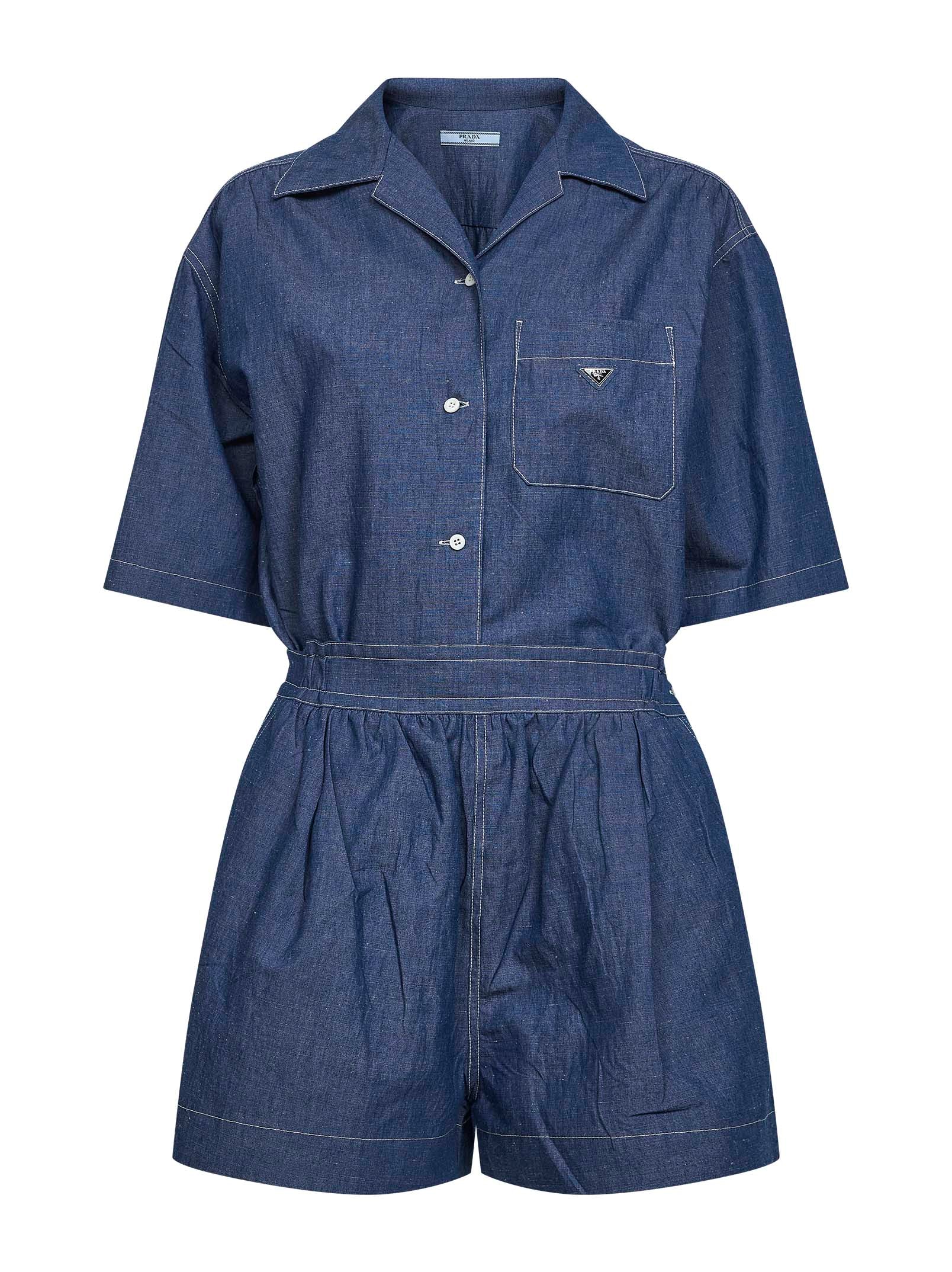 Prada Denim Women Blue Cotton And Linen Denim Detachable Playsuit PRADA