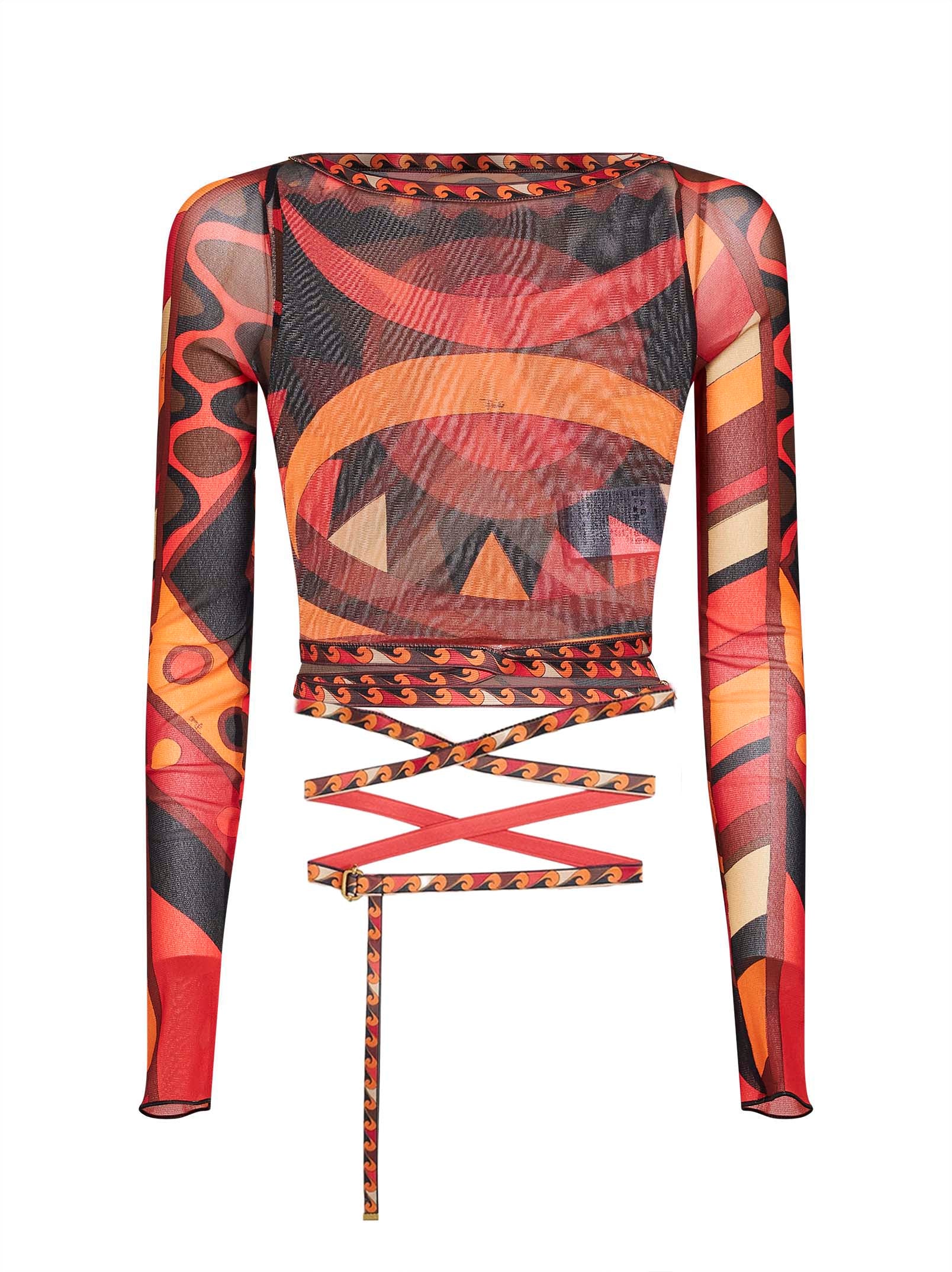 Pucci Women Orange And Black Vivara-Print Tulle Cropped Top PUCCI