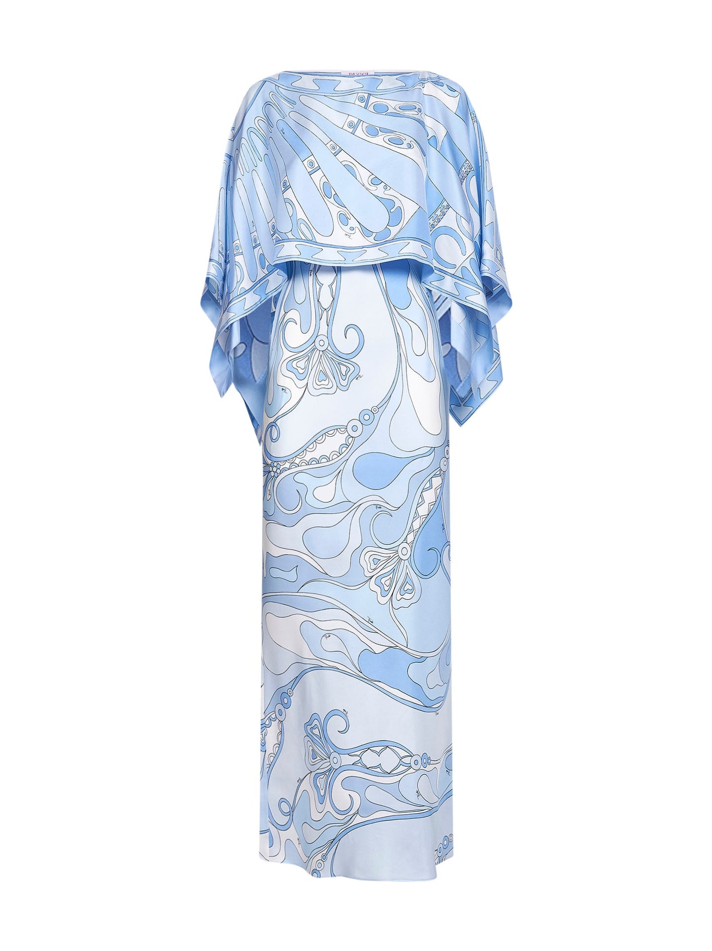 Pucci Women Pale Blue Orchidee-Print Silk Long Dress With Sole-Print Cape PUCCI