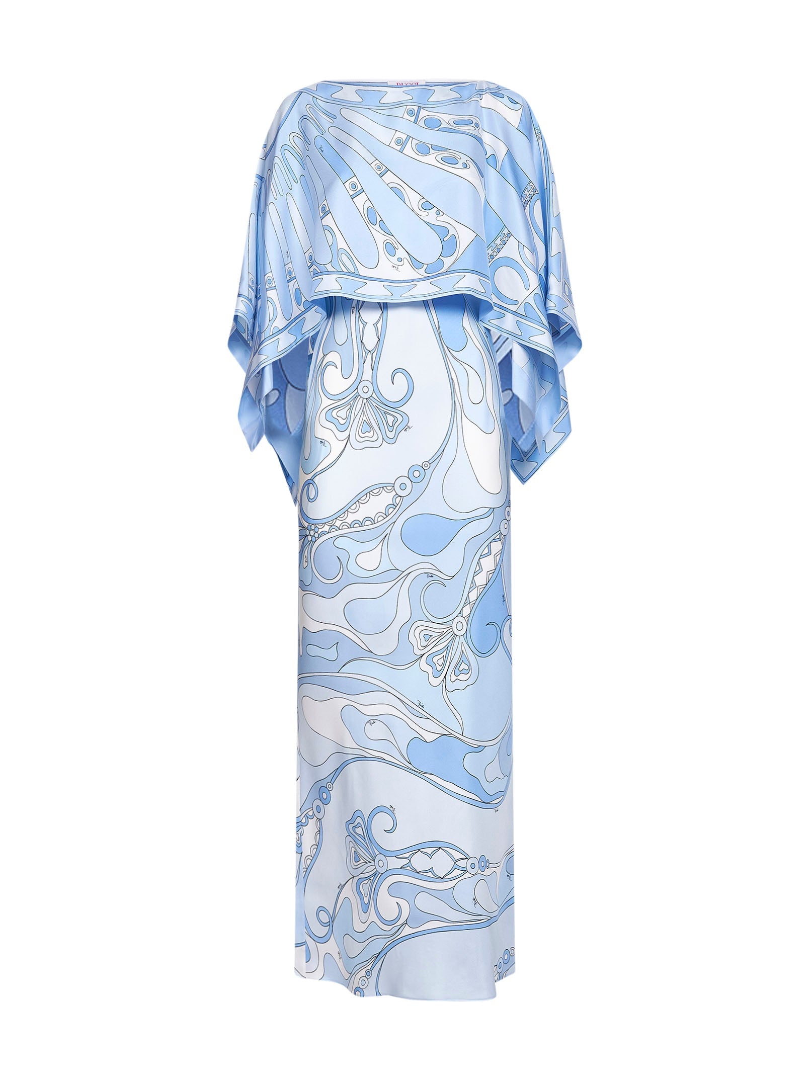 Pucci Women Pale Blue Orchidee-Print Silk Long Dress With Sole-Print Cape PUCCI