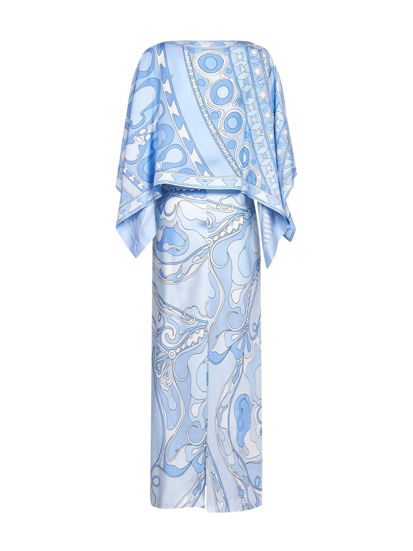 Pucci Women Pale Blue Orchidee-Print Silk Long Dress With Sole-Print Cape PUCCI