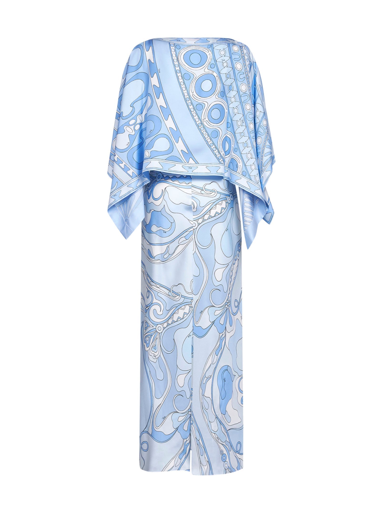Pucci Women Pale Blue Orchidee-Print Silk Long Dress With Sole-Print Cape PUCCI