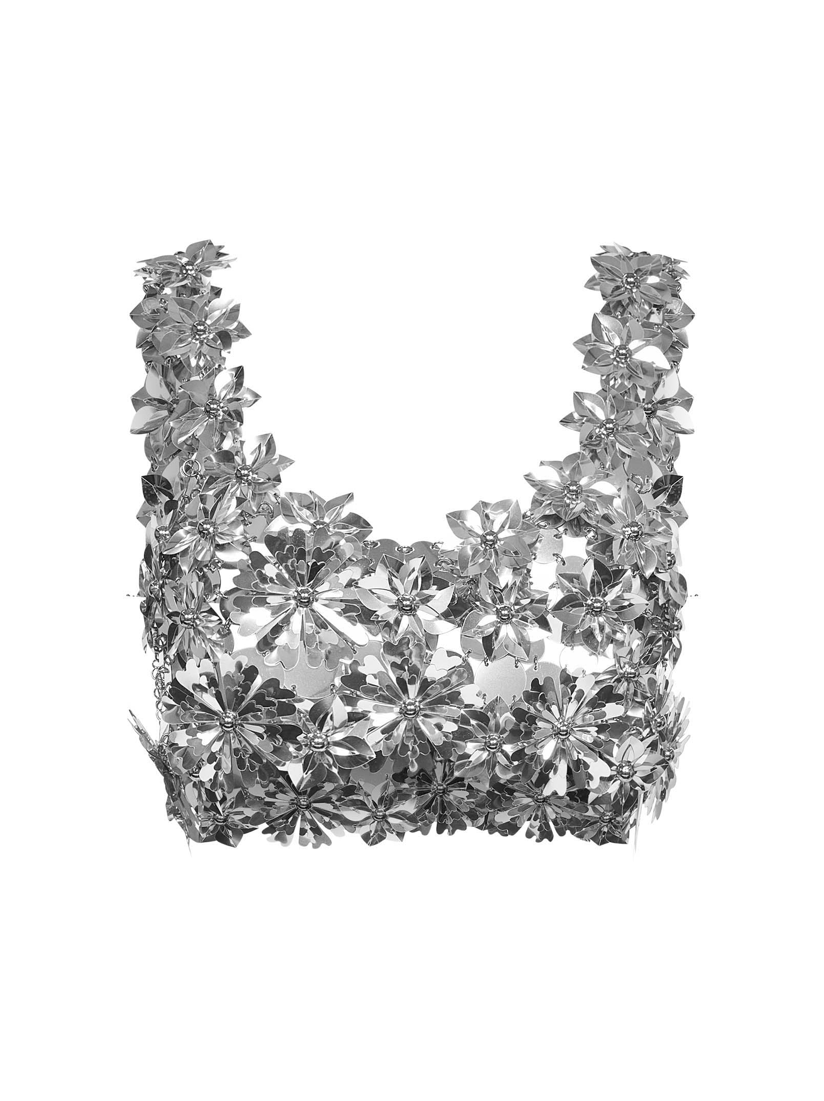 Rabanne Women Silver Plastic Discs Bralette Top With Floral Details PACO RABANNE