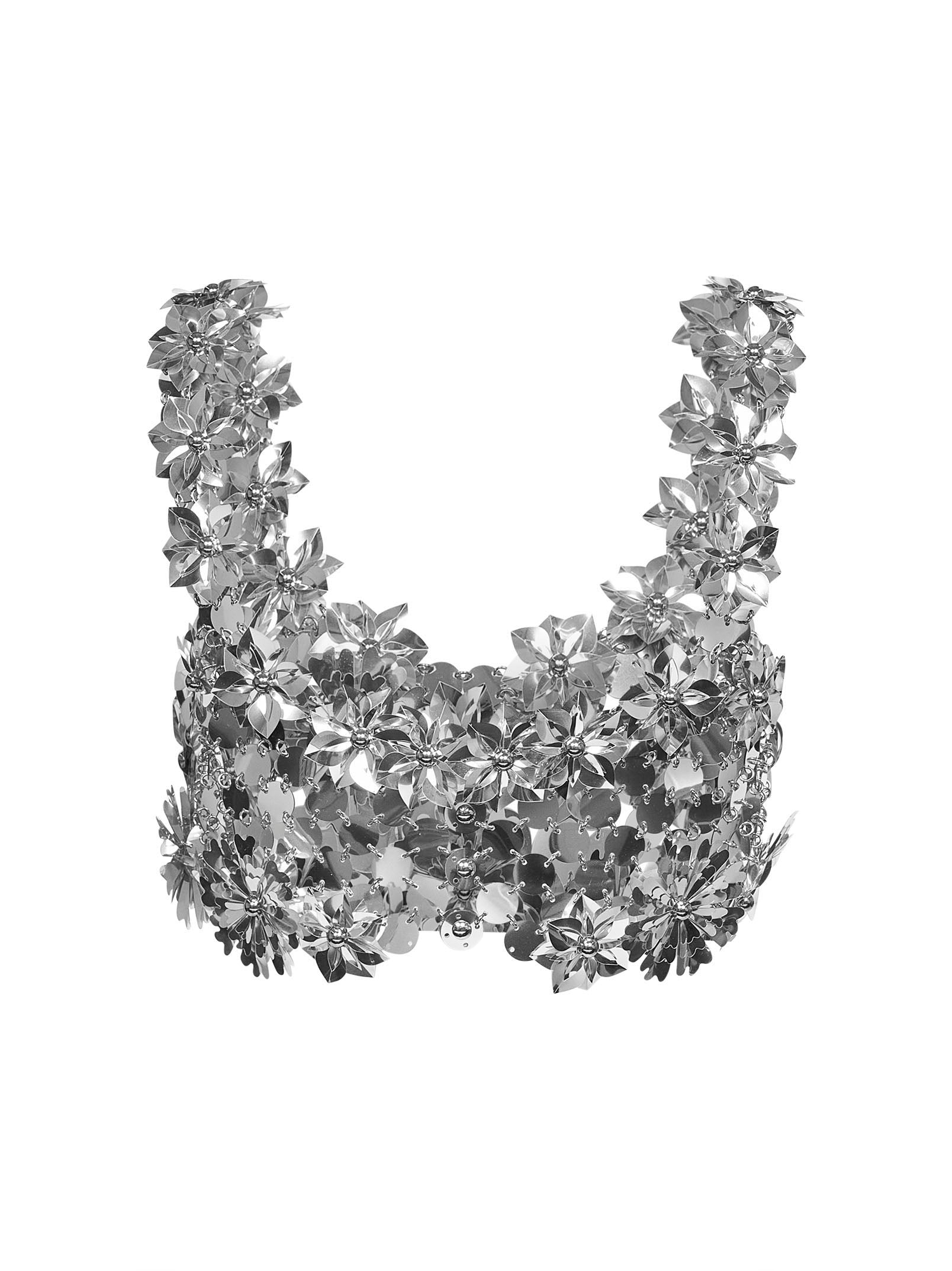 Rabanne Women Silver Plastic Discs Bralette Top With Floral Details PACO RABANNE