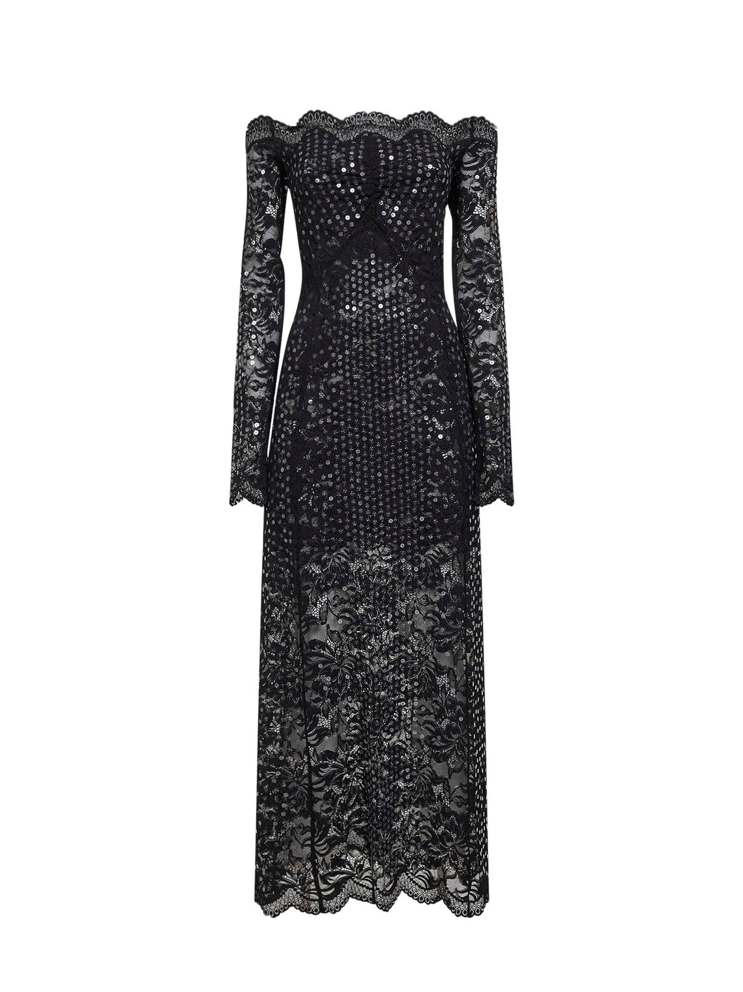 Rabanne Women Black Embroidered-Sequins Stretch Lace Midi Dress PACO RABANNE