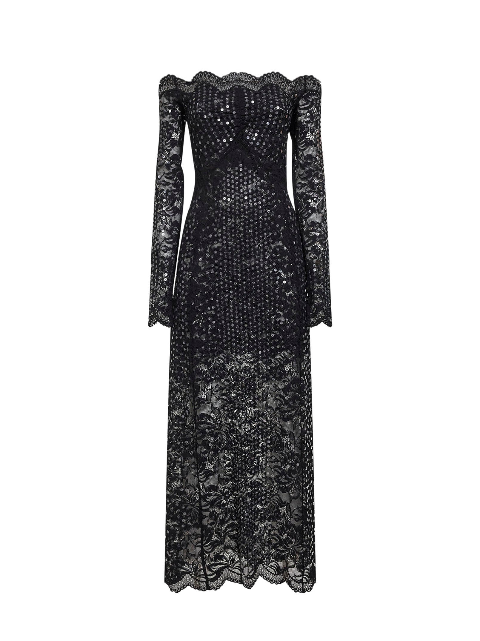 Rabanne Women Black Embroidered-Sequins Stretch Lace Midi Dress PACO RABANNE