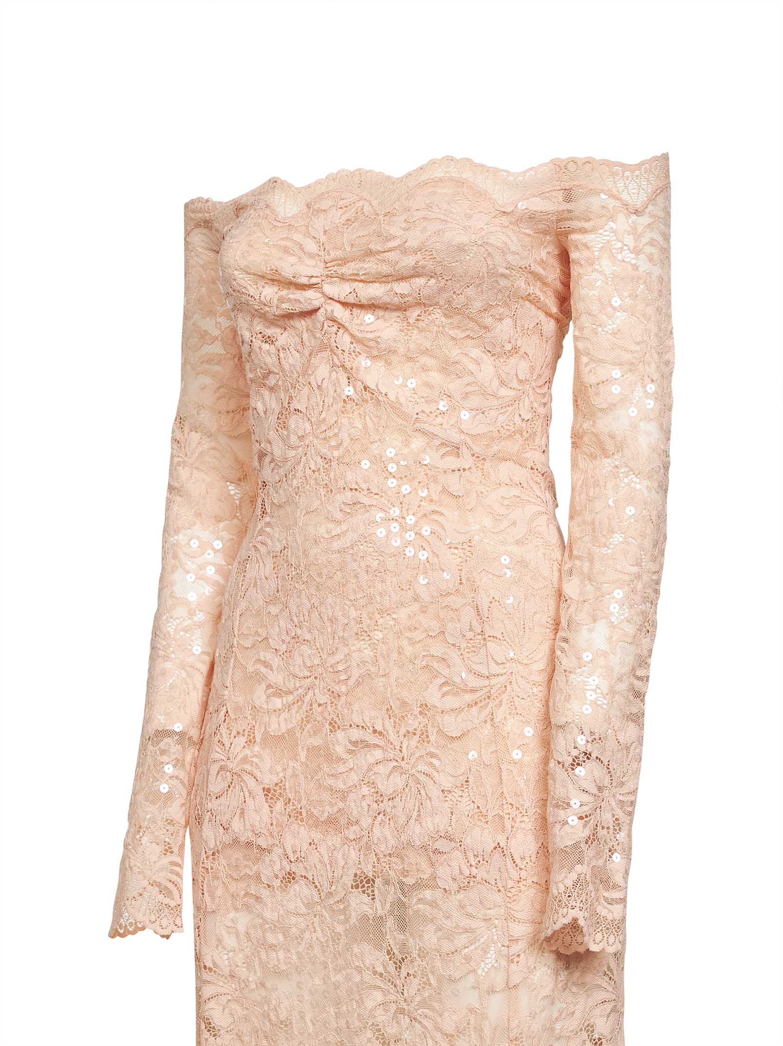 Rabanne Women Salmon Pink Embroidered-Sequins Stretch Lace Midi Dress PACO RABANNE