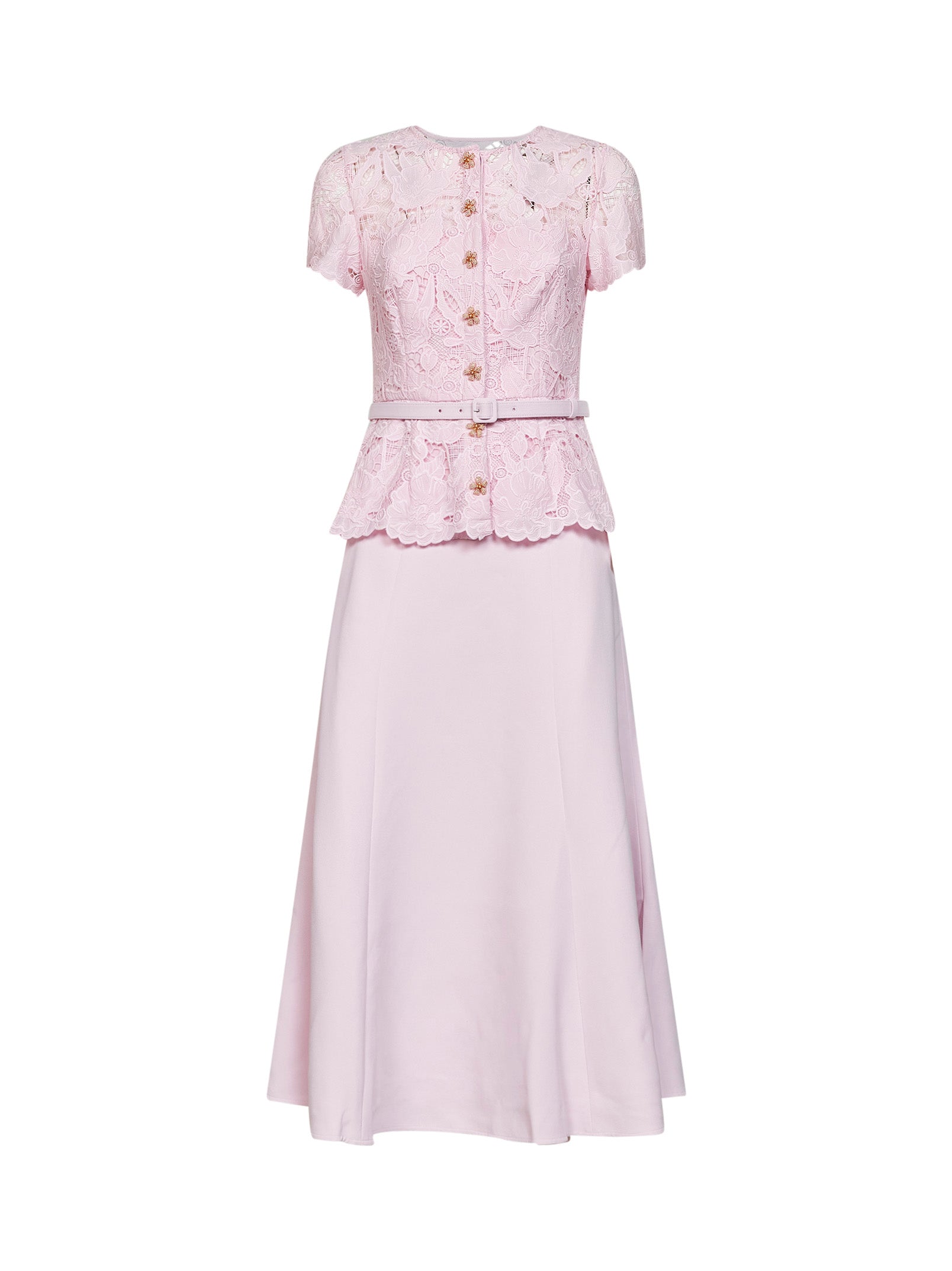Self Portrait Women Pink Crepe And Lace Belted Midi Dress SELF-PORTRAIT