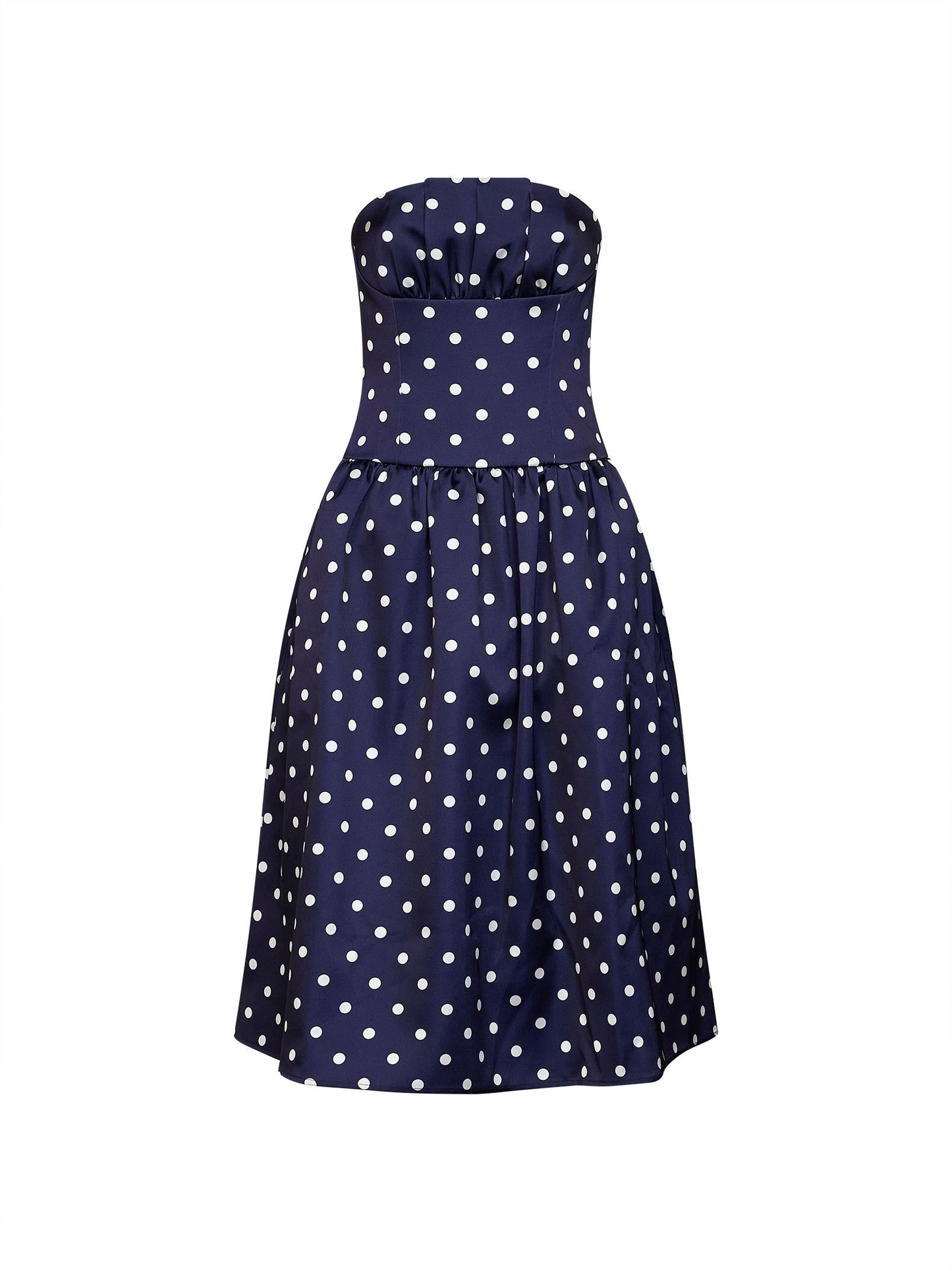 Self Portrait Women Navy Blue Polka Dot.-Print Satin Strapless Midi Dress SELF-PORTRAIT