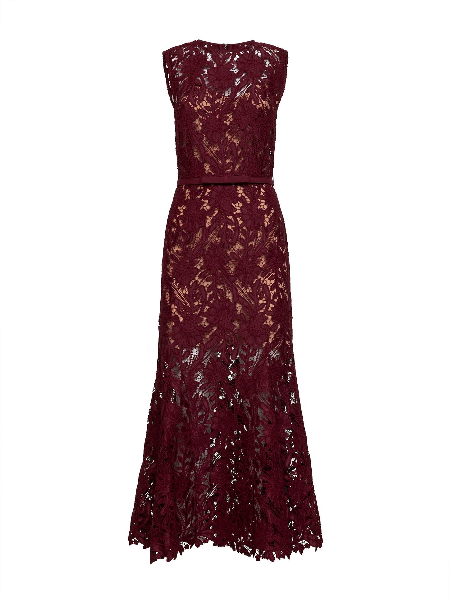 Self Portrait Women Burgundy Guipure Lace Belted Midi Dress SELF-PORTRAIT