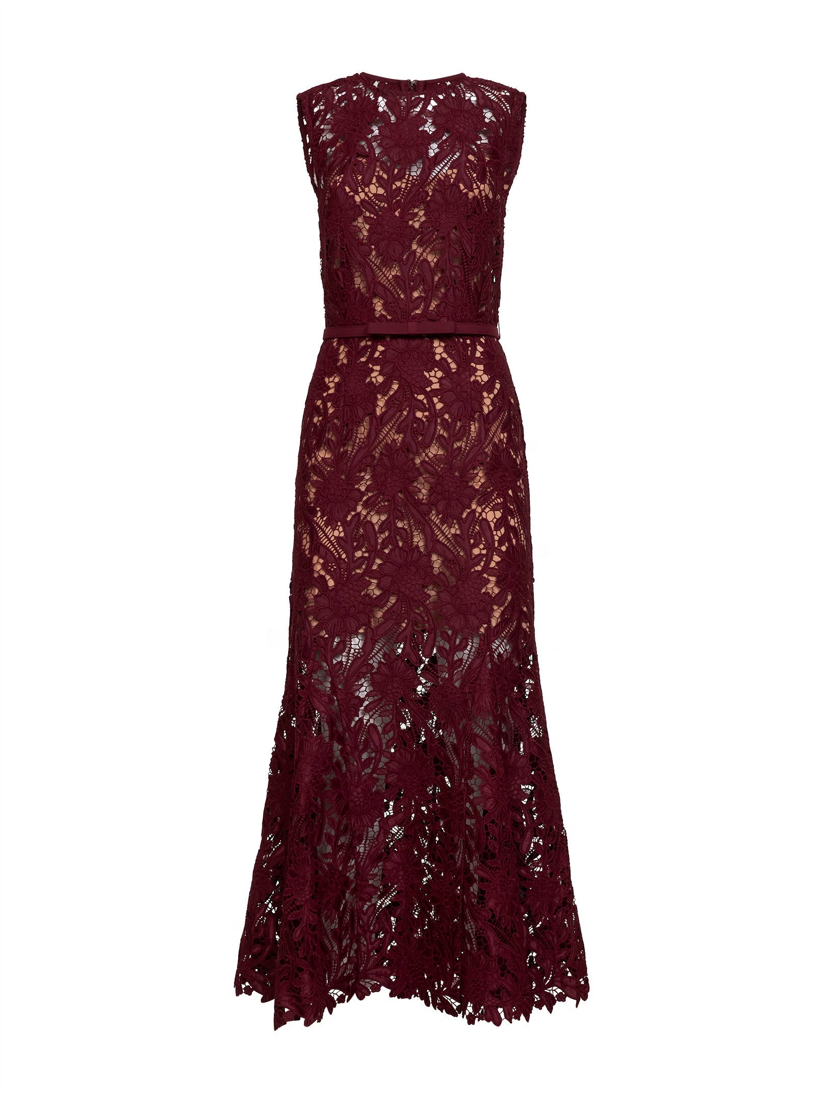 Self Portrait Women Burgundy Guipure Lace Belted Midi Dress SELF-PORTRAIT