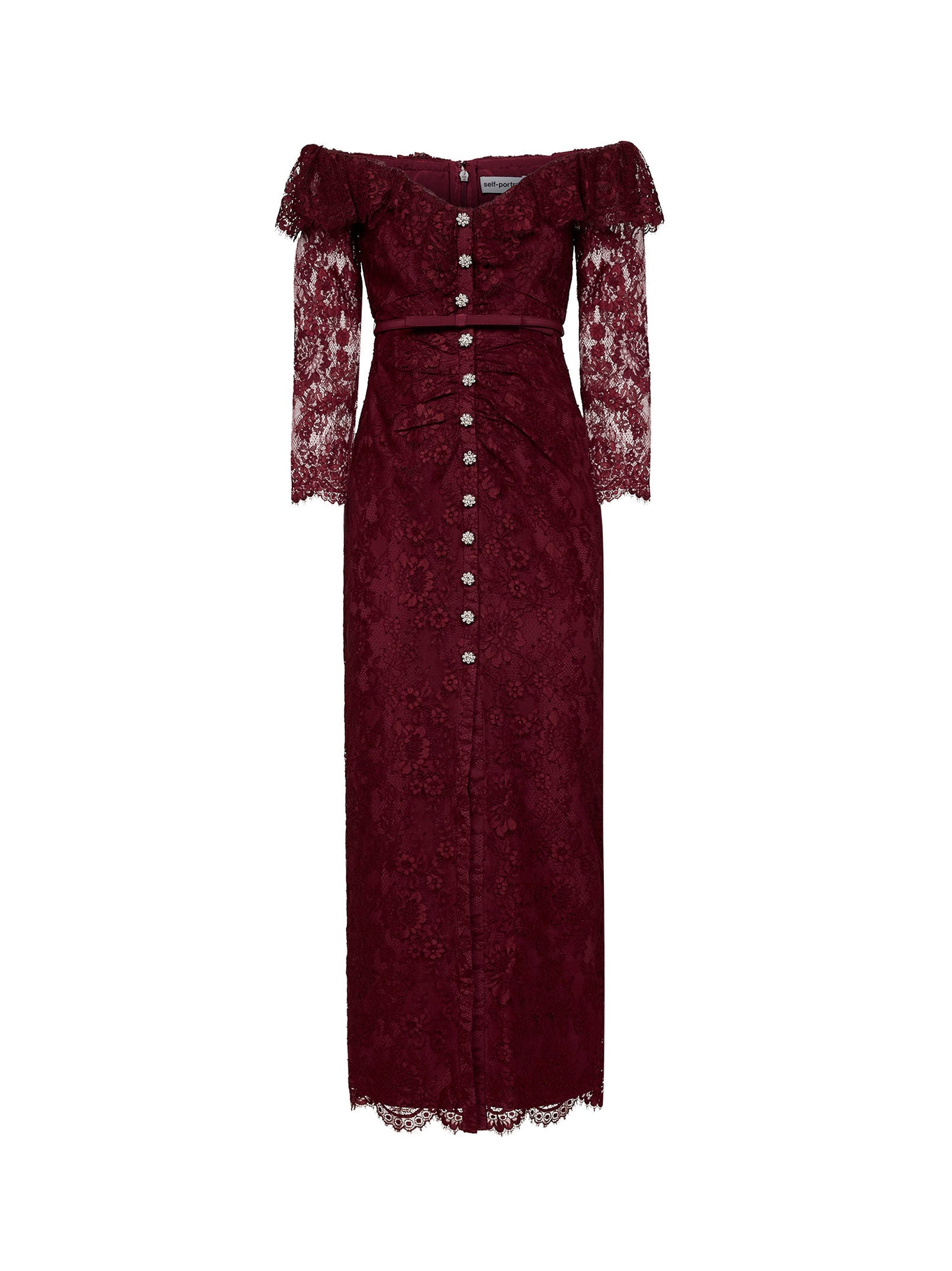 Self Portrait Women Burgundy Lace Belted Off-The-Shoulder Maxi Dress SELF-PORTRAIT