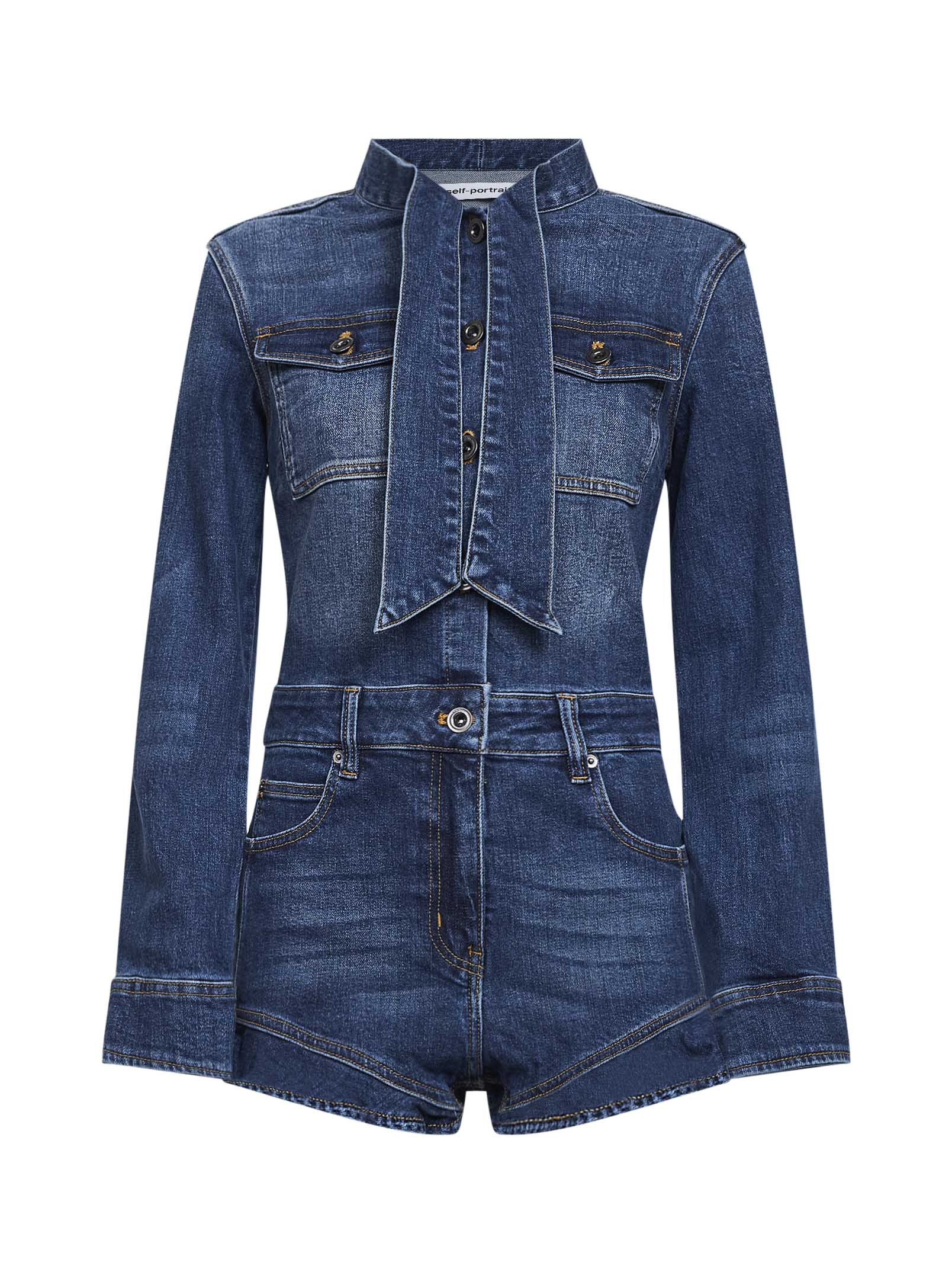 Self Portrait Women Blue Stretch Denim Frill Playsuit SELF-PORTRAIT