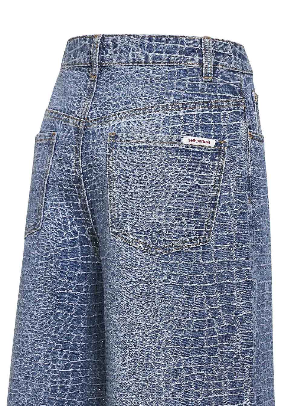 Self Portrait Women Blue Rhinestone Croc-Effect Stretch Denim Jeans SELF-PORTRAIT