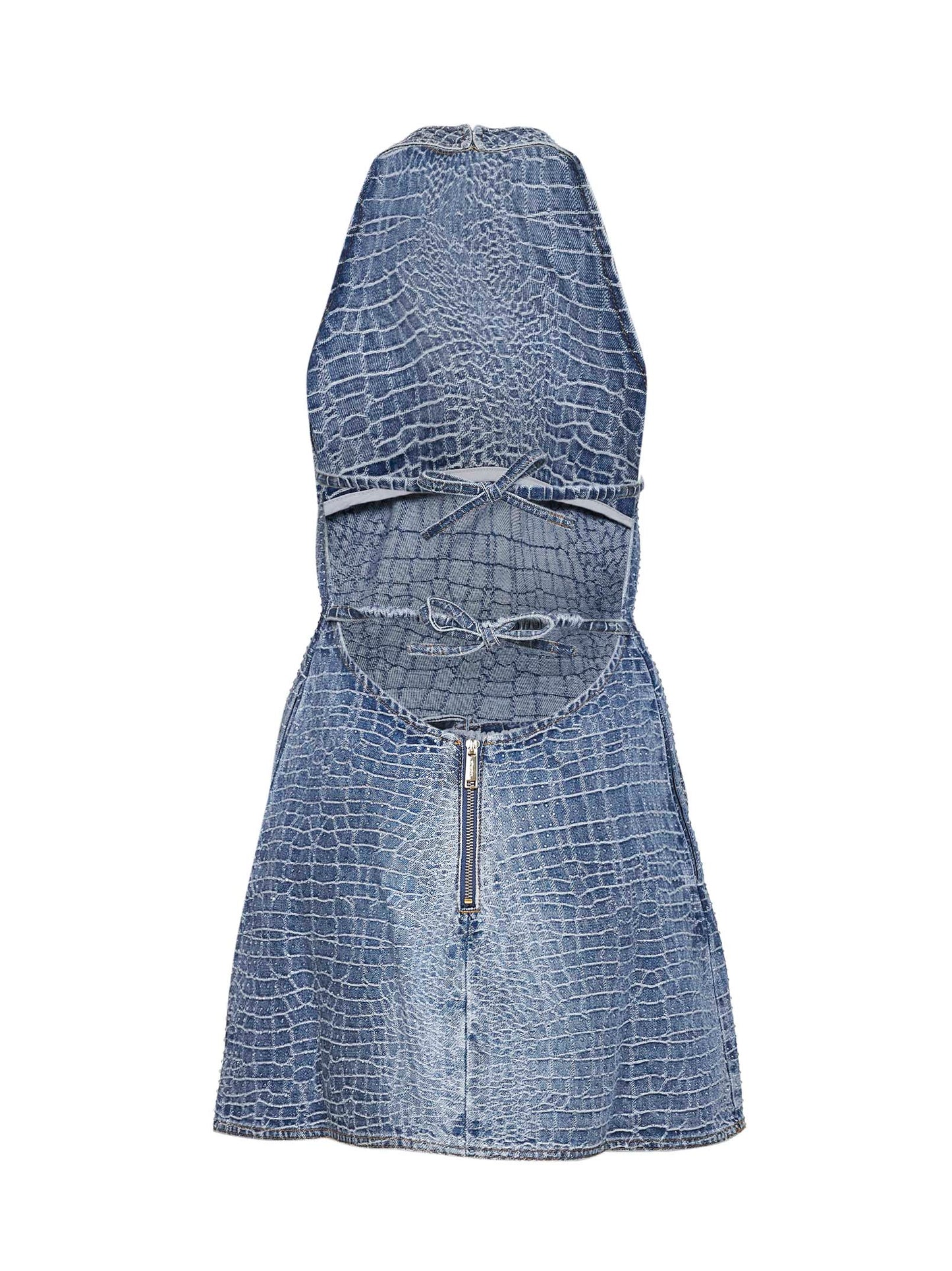 Self Portrait Women Blue Rhinestone Croc-Effect Denim Mini Dress SELF-PORTRAIT