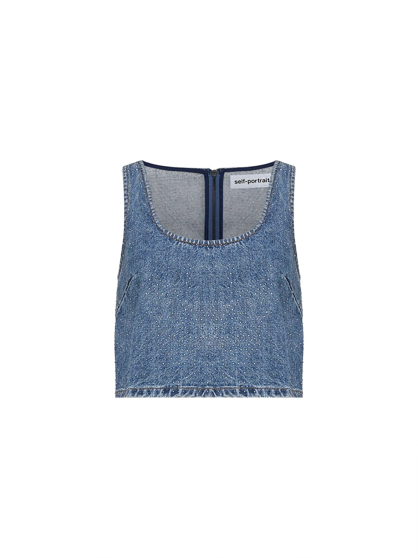 Self Portrait Women Blue Rhinestone Denim Crop Top SELF-PORTRAIT