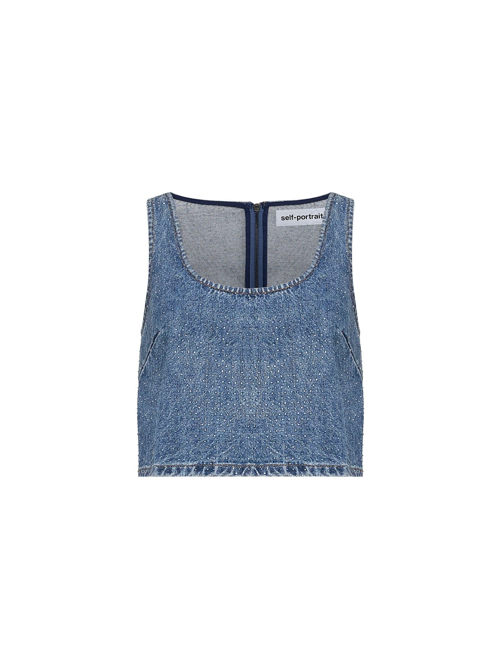 Self Portrait Women Blue Rhinestone Denim Crop Top SELF-PORTRAIT
