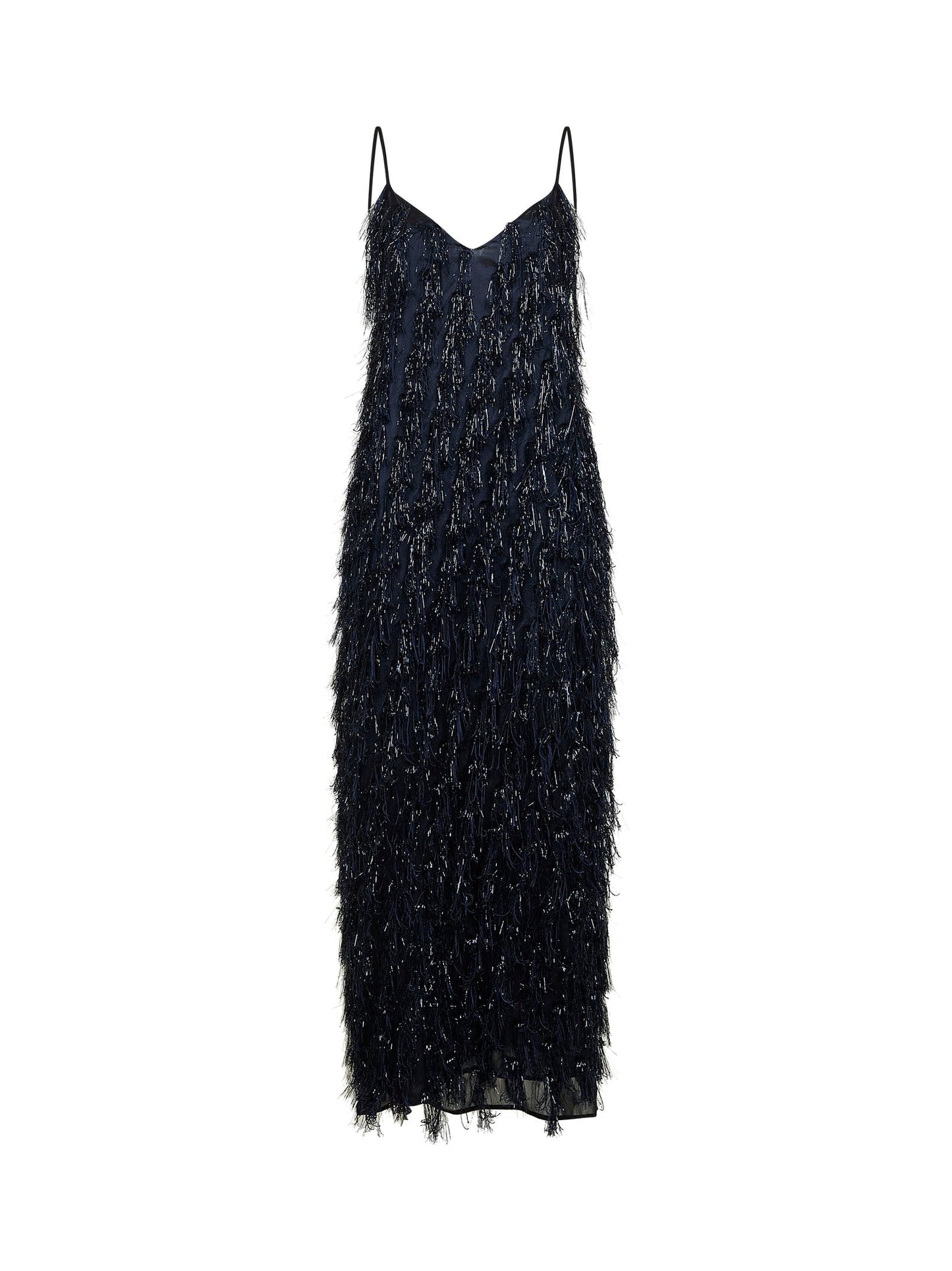 Stella Mccartney Women Navy Blue Viscose Blend Lurex Fringes-Embellished Long Dress STELLA MCCARTNEY