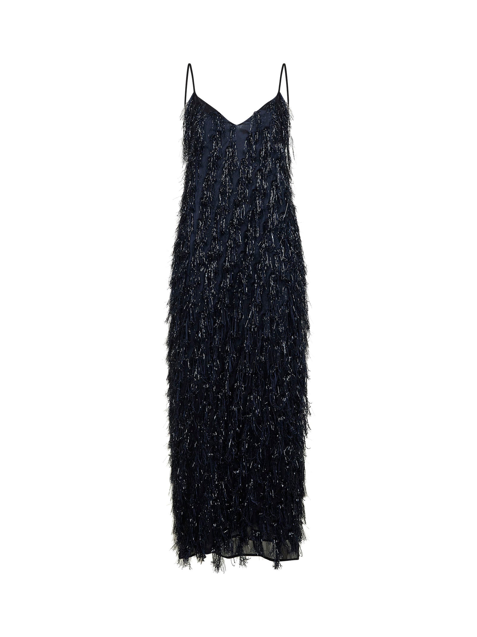 Stella Mccartney Women Navy Blue Viscose Blend Lurex Fringes-Embellished Long Dress STELLA MCCARTNEY