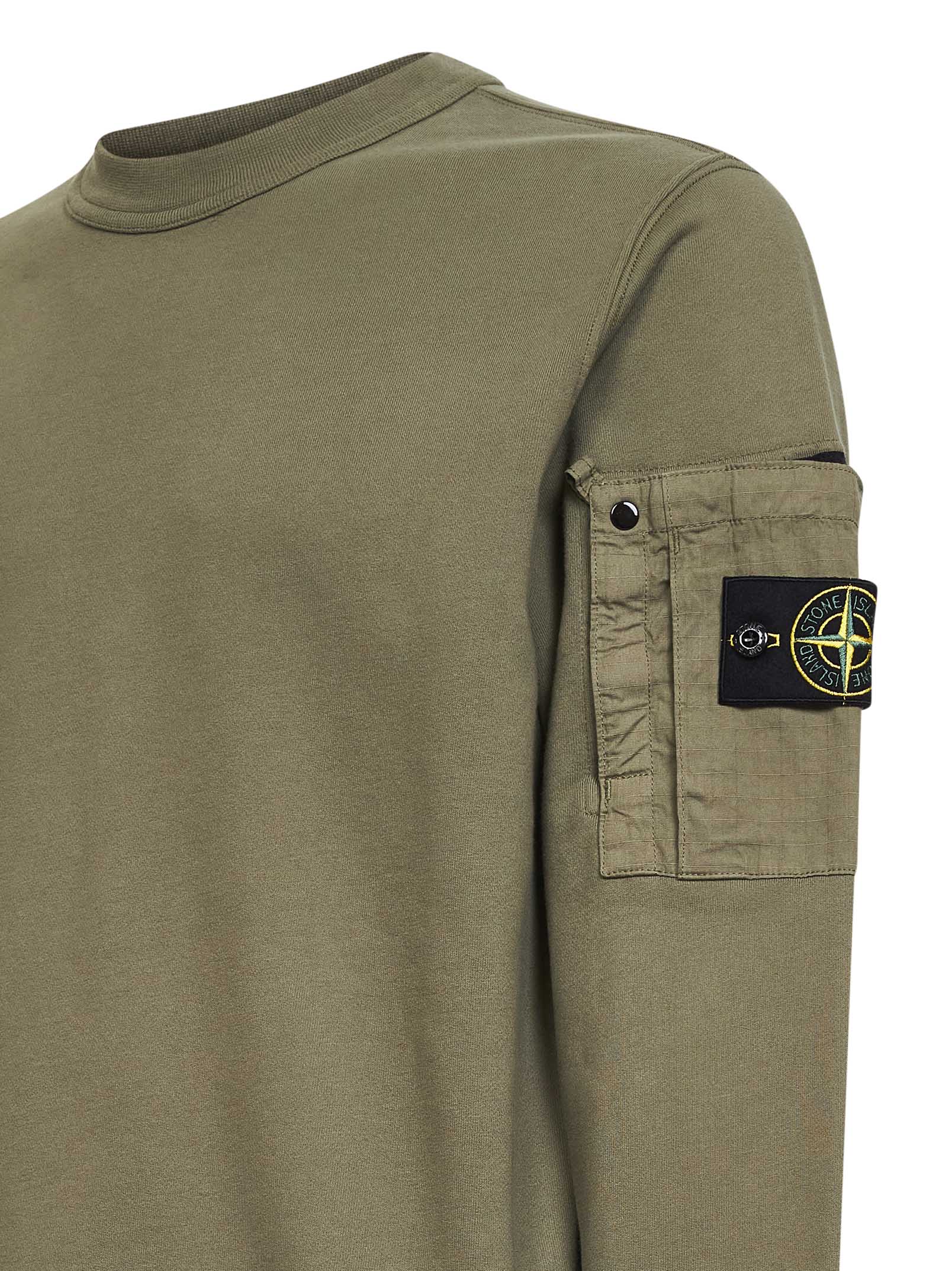 Stone Island Men Military Green Cotton Sweatshirt With Ripstop Cotton Pocket STONE ISLAND