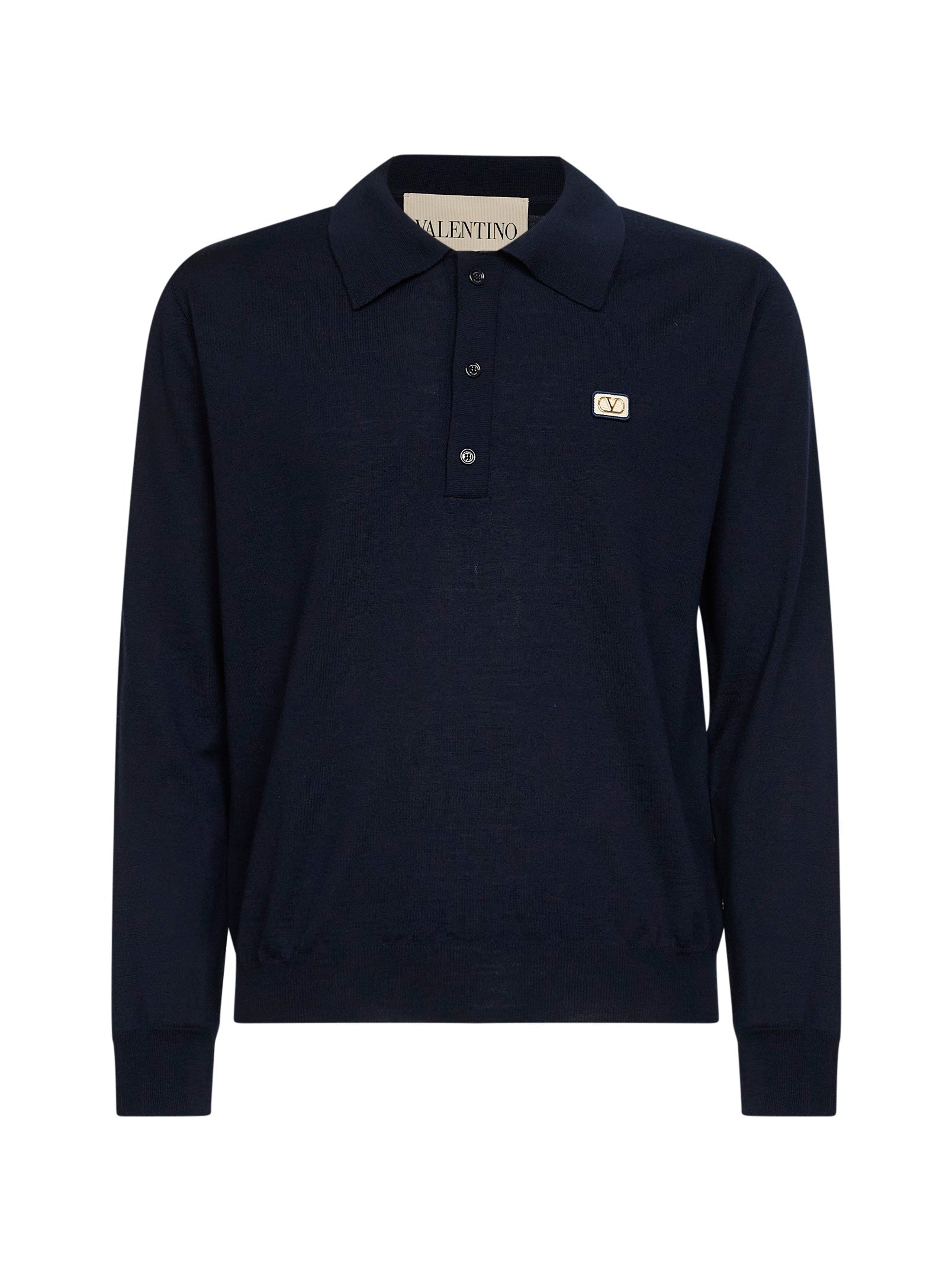 Valentino Men Navy Blue Wool Knit Valentino Polo Shirt With Vlogo Patch VALENTINO