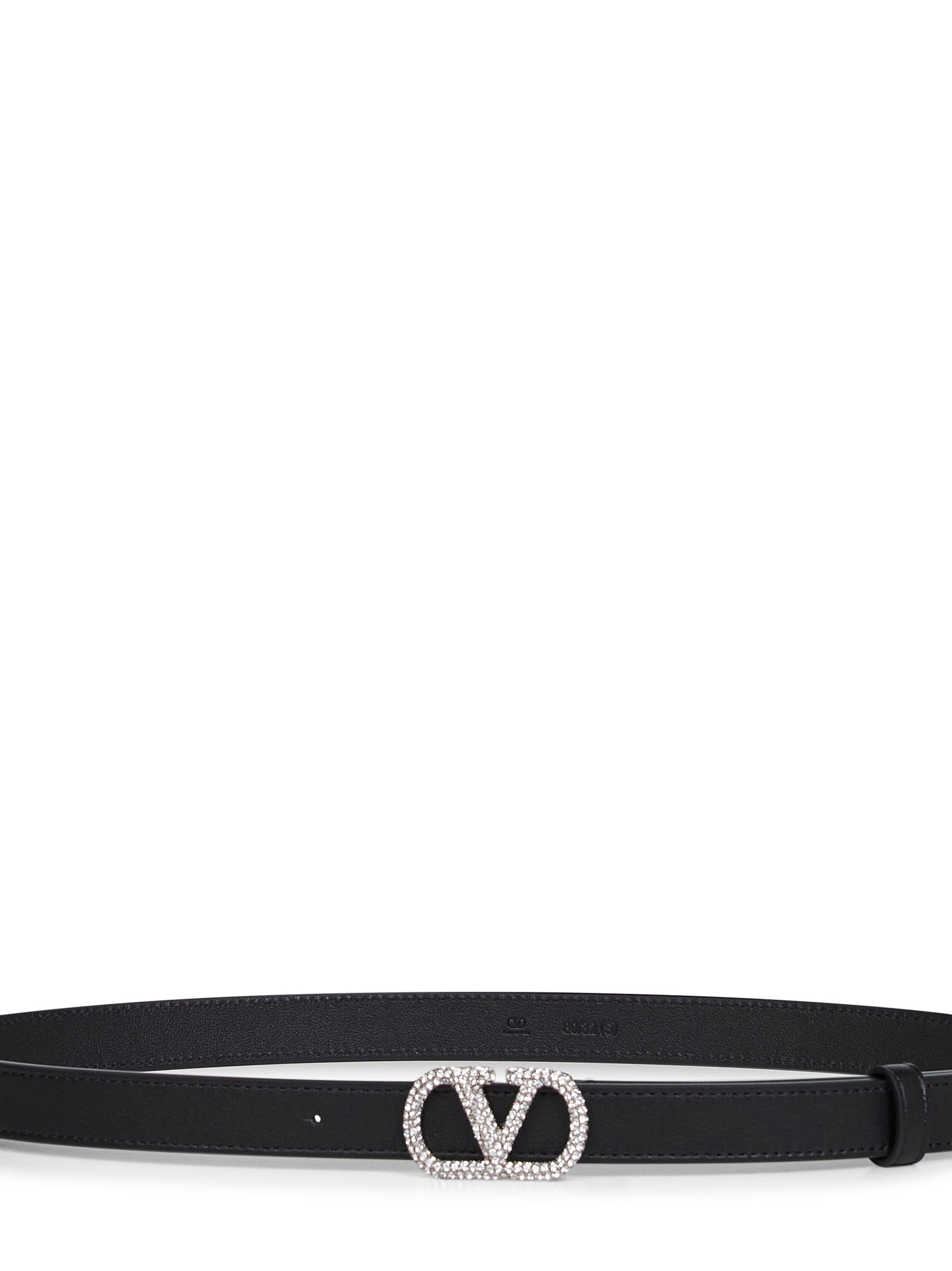 Valentino Garavani Women Black Leather Crystal-Embellished Vlogo Signature Belt VALENTINO GARAVANI
