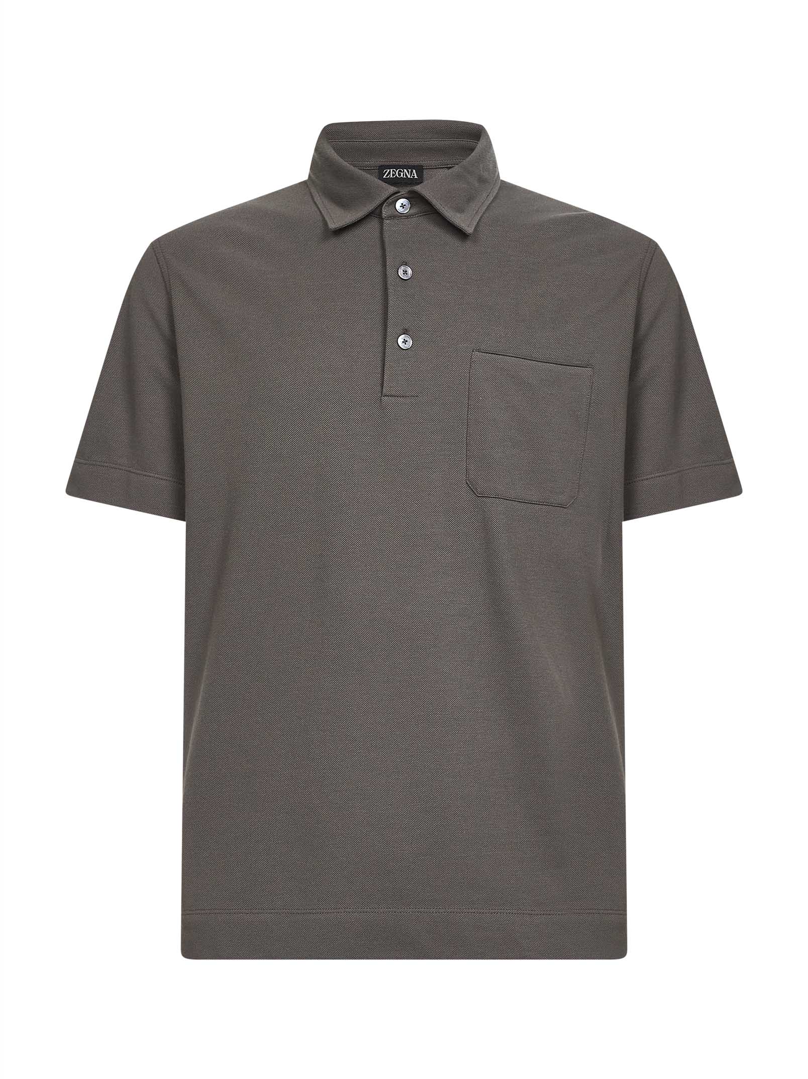 Zegna Men Dark Beige Cotton Pique Polo Shirt With Chest Pocket ZEGNA