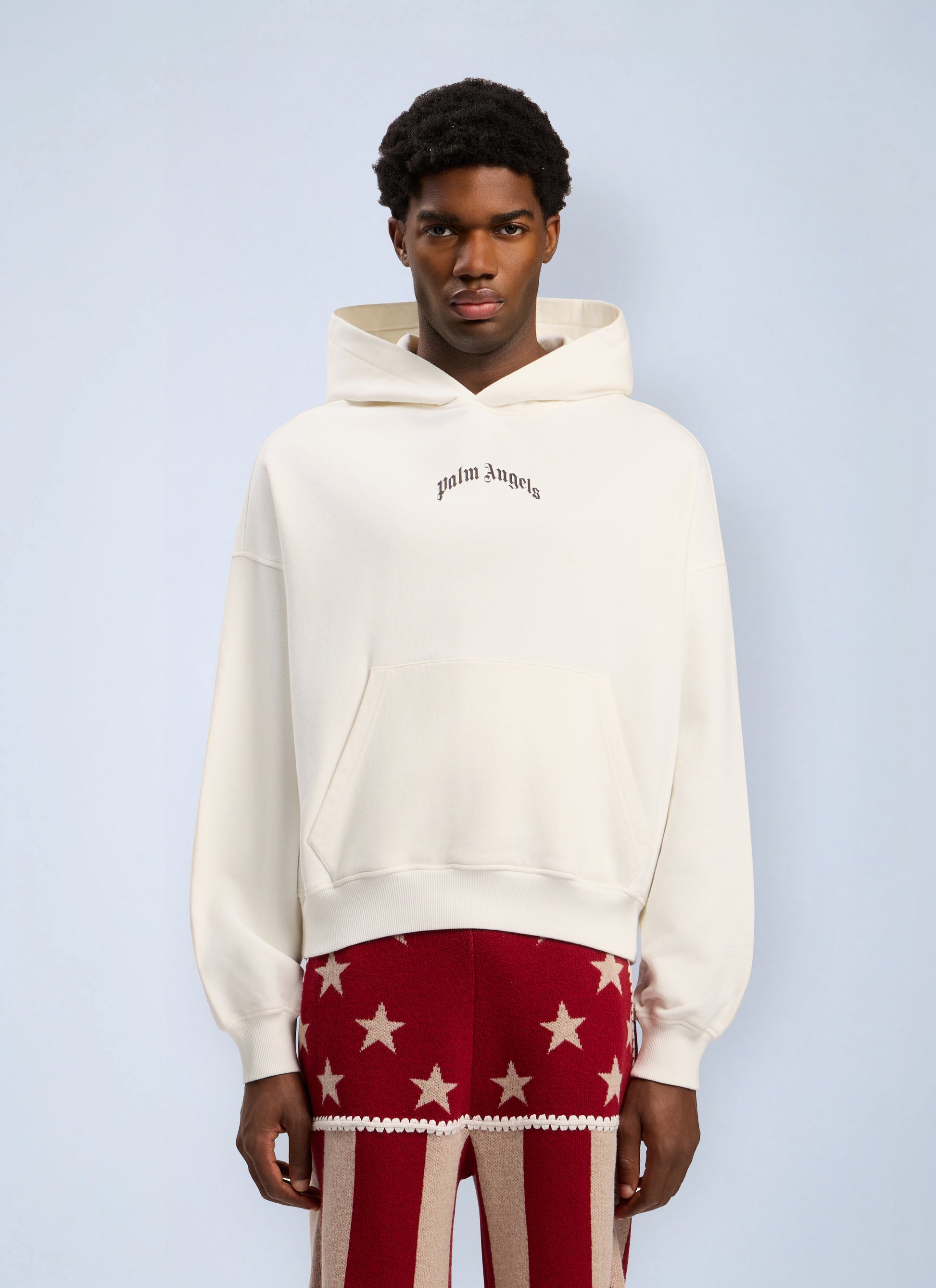 Palm Angels Men Back Curved Logo Loose Hooded Sweatshirt PALM ANGELS