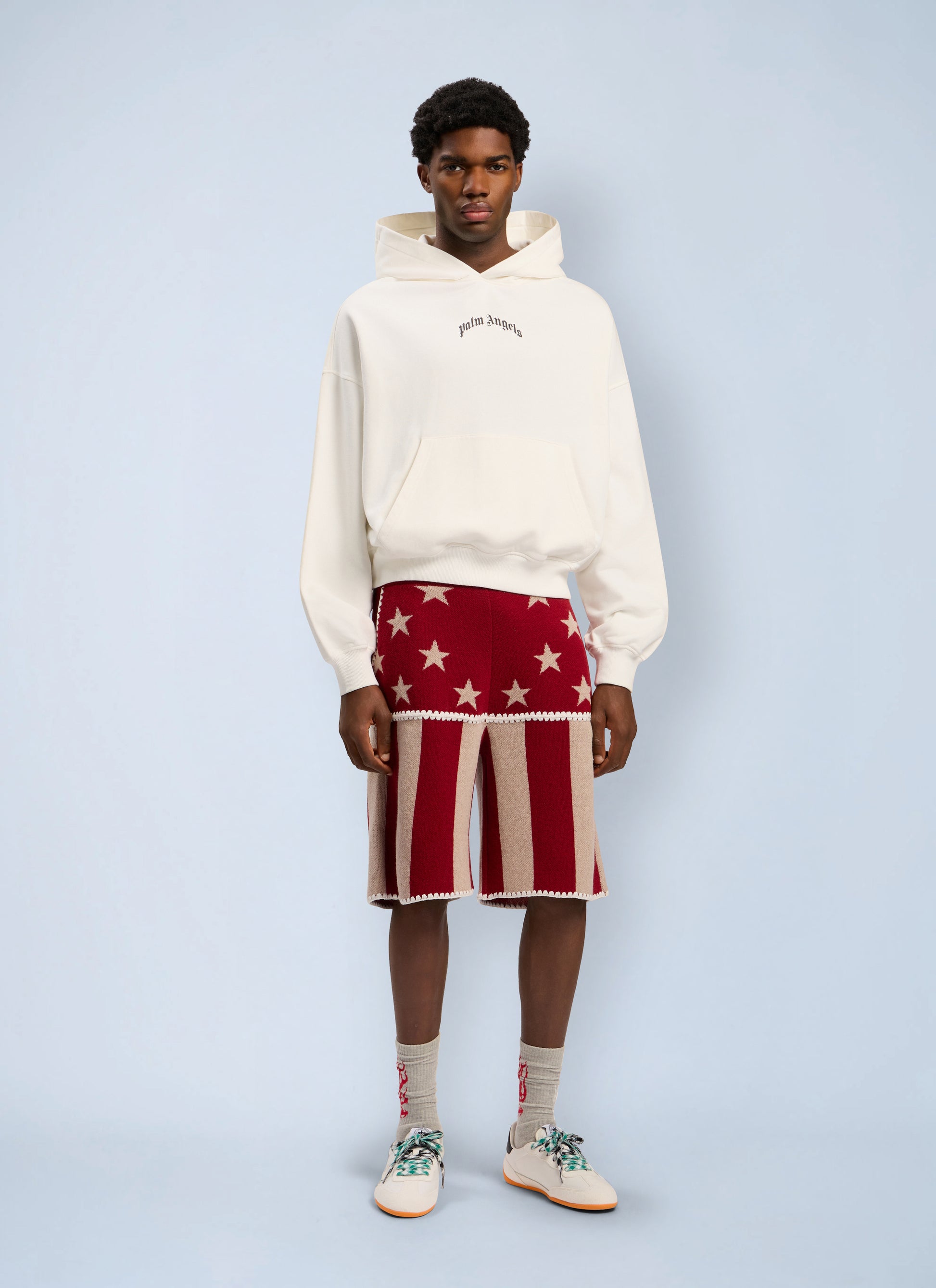 Palm Angels Men Back Curved Logo Loose Hooded Sweatshirt PALM ANGELS