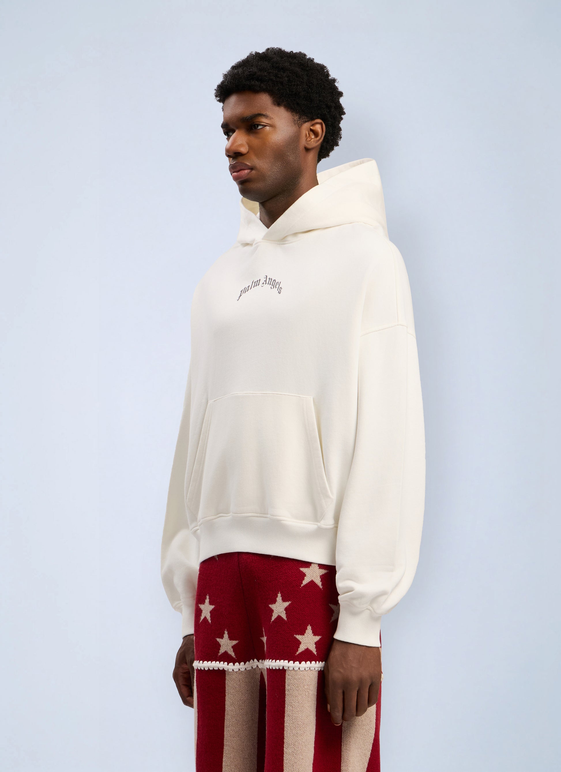 Palm Angels Men Back Curved Logo Loose Hooded Sweatshirt PALM ANGELS