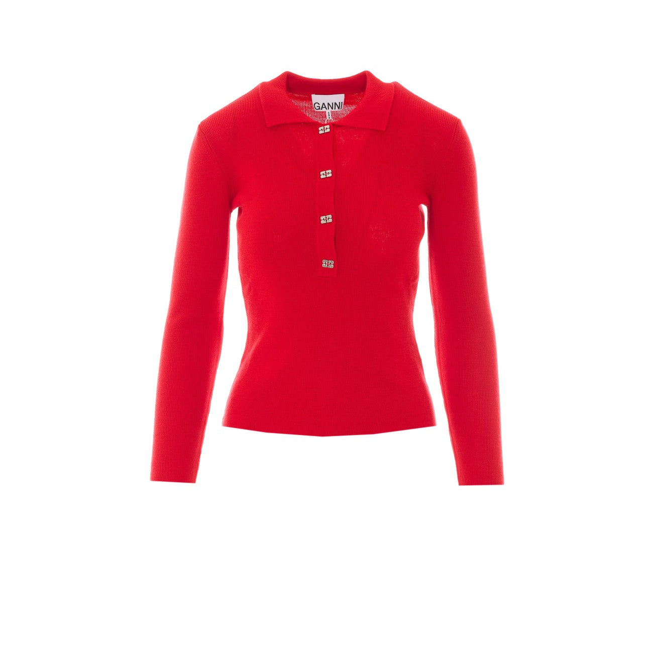 Ganni Women Polo Shirt In Red Merino With Logo Buttons GANNI