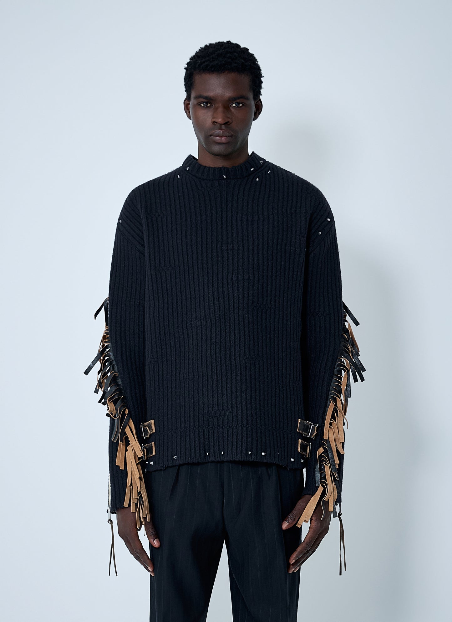 Prada Men Leather Embellished Wool Sweater PRADA