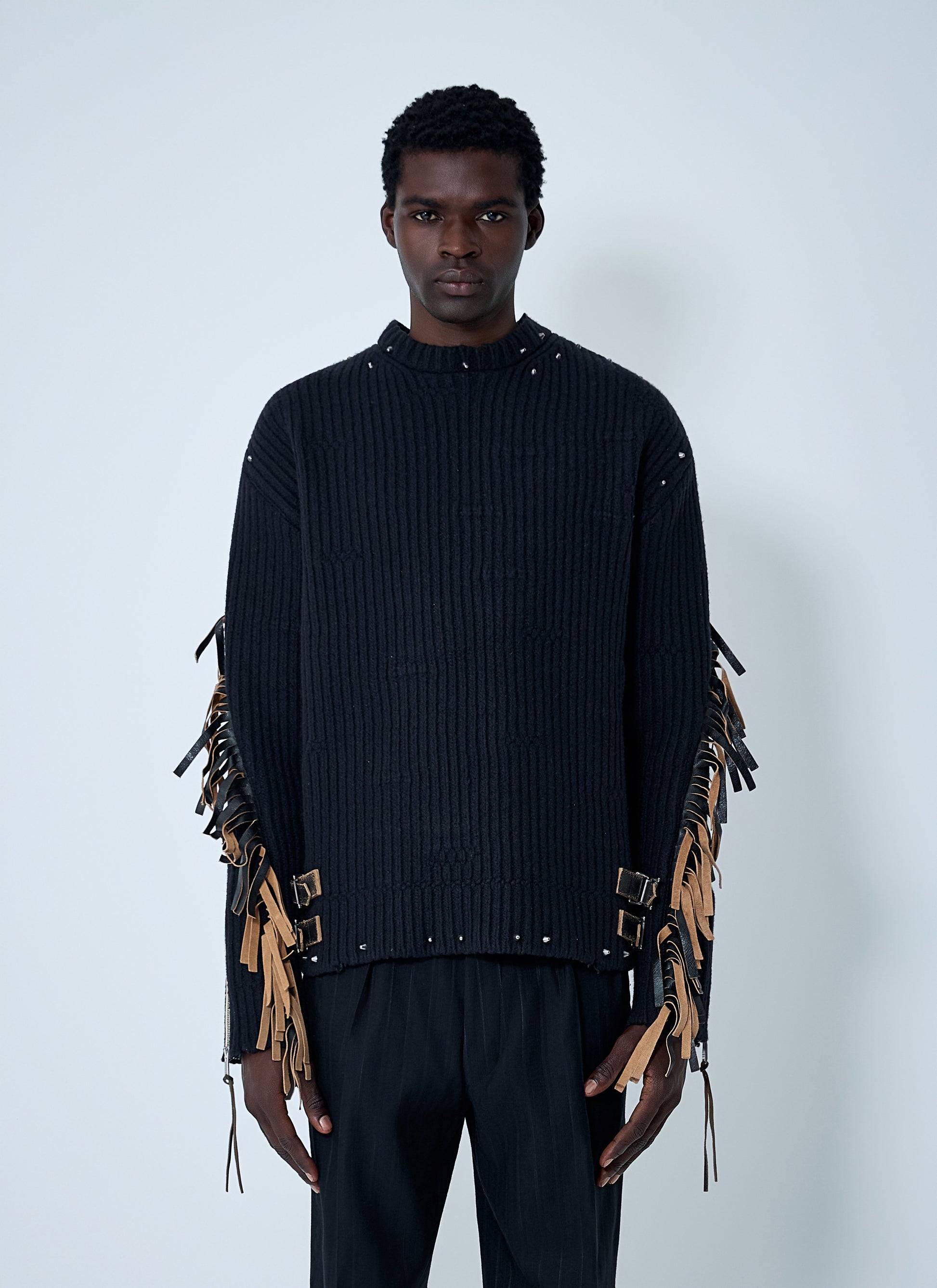 Prada Men Leather Embellished Wool Sweater PRADA