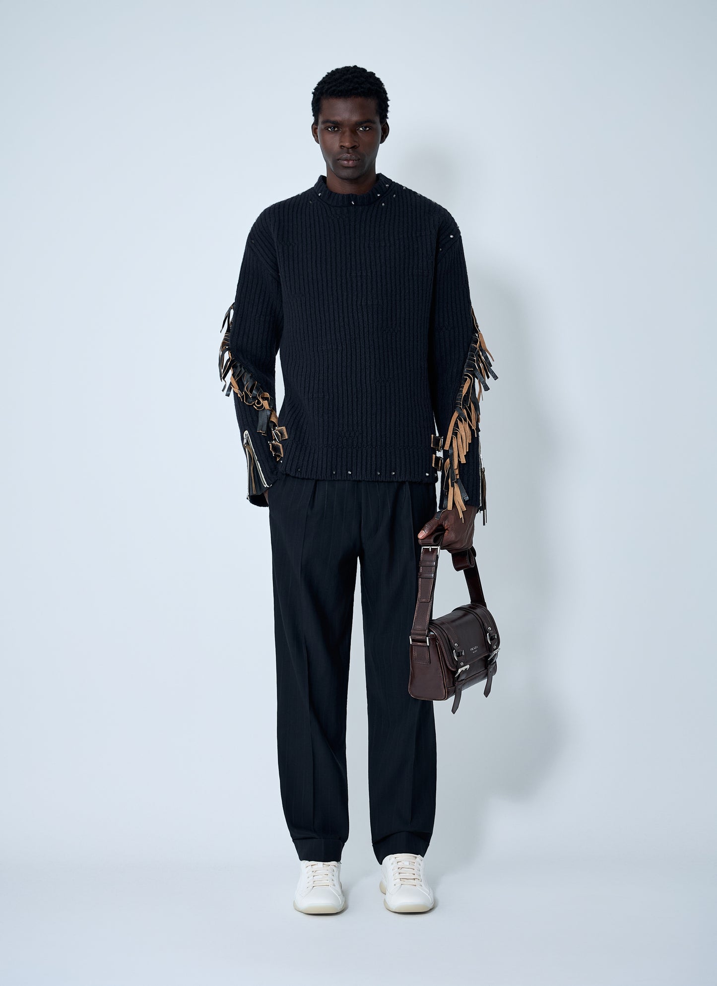 Prada Men Leather Embellished Wool Sweater PRADA