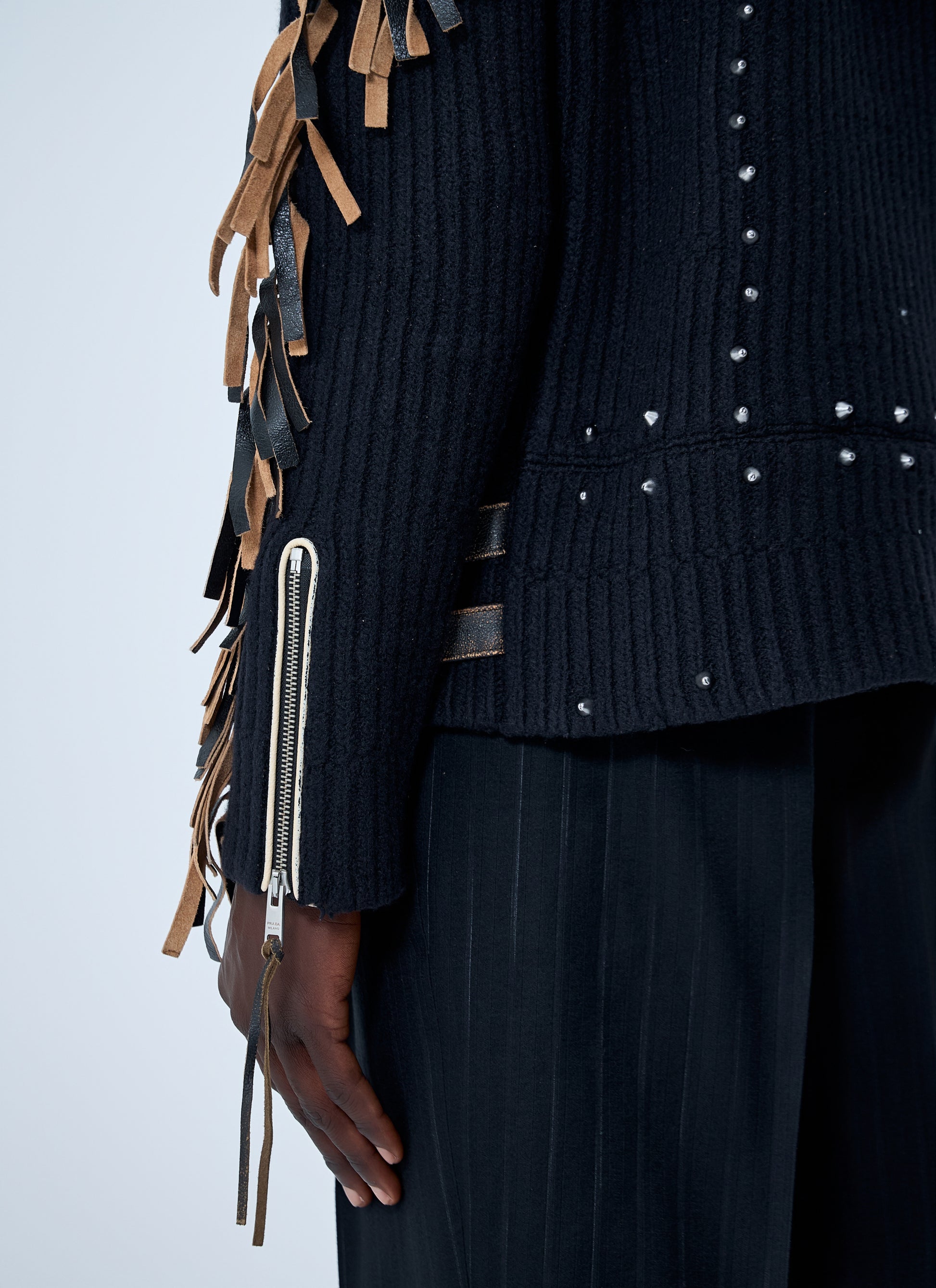 Prada Men Leather Embellished Wool Sweater PRADA