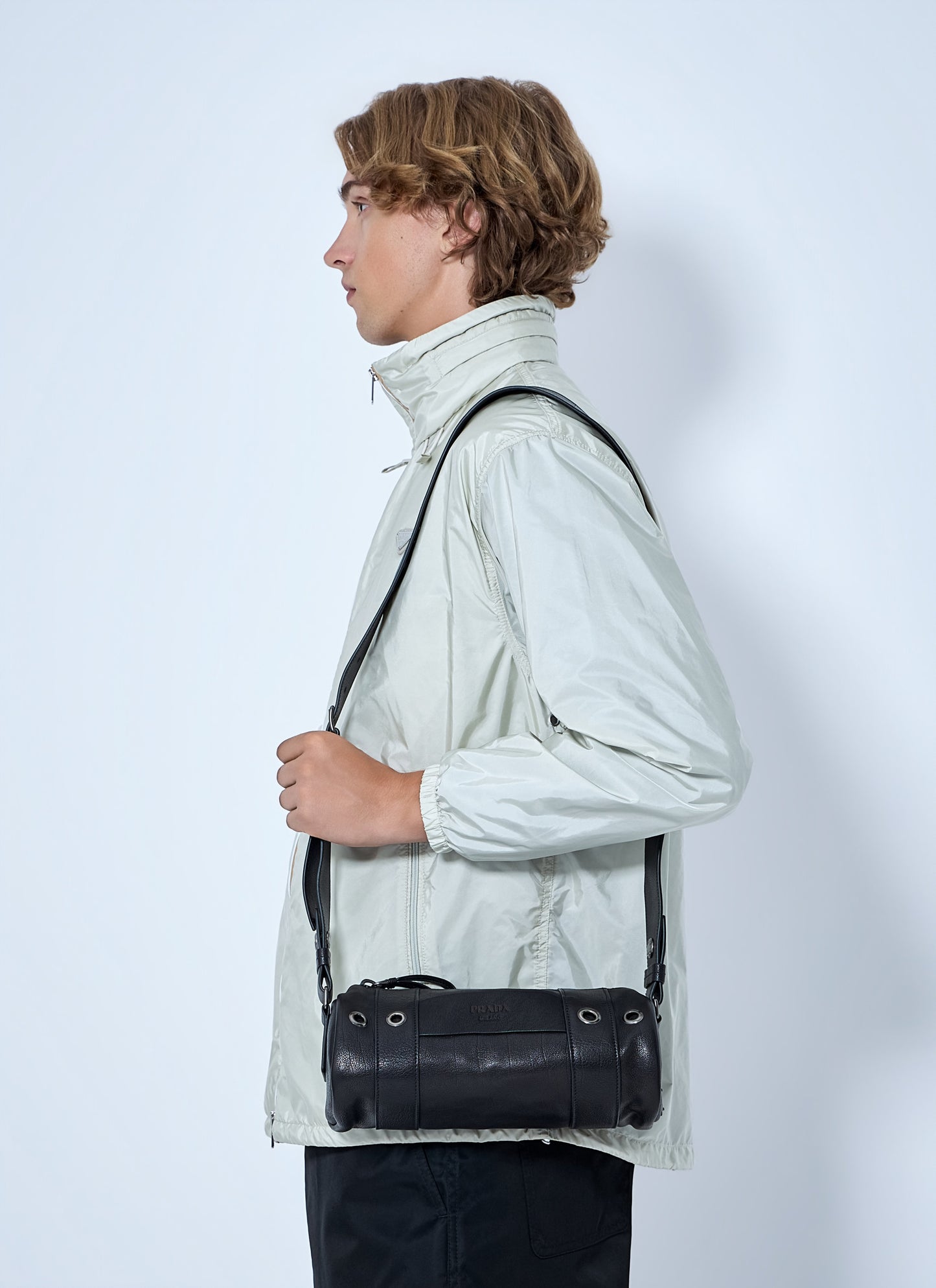 Prada Men Eyelet Detail Leather Cylinder Bag PRADA